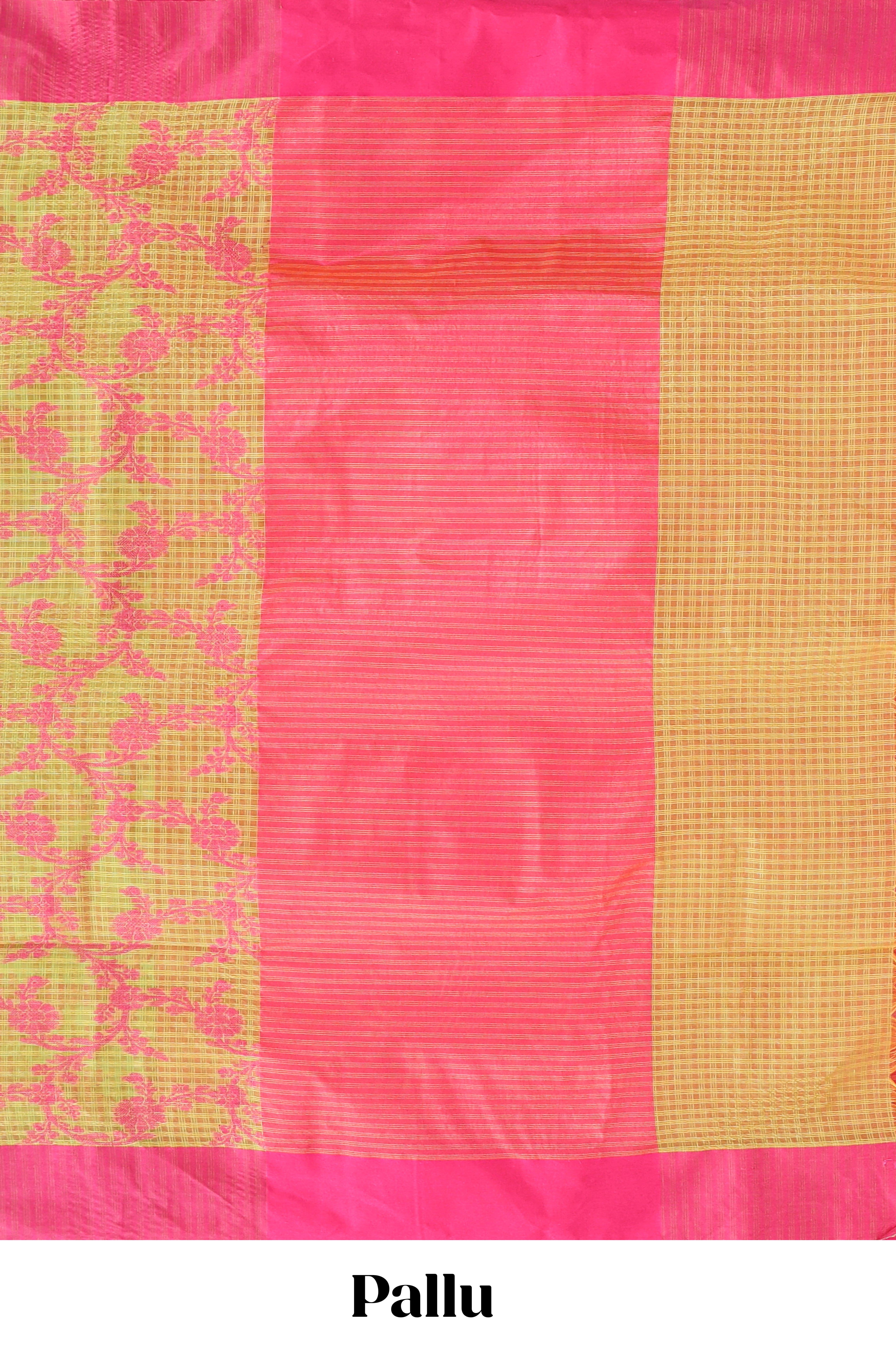 Green checked floral design kota cotton saree with contrast border and striped blouse