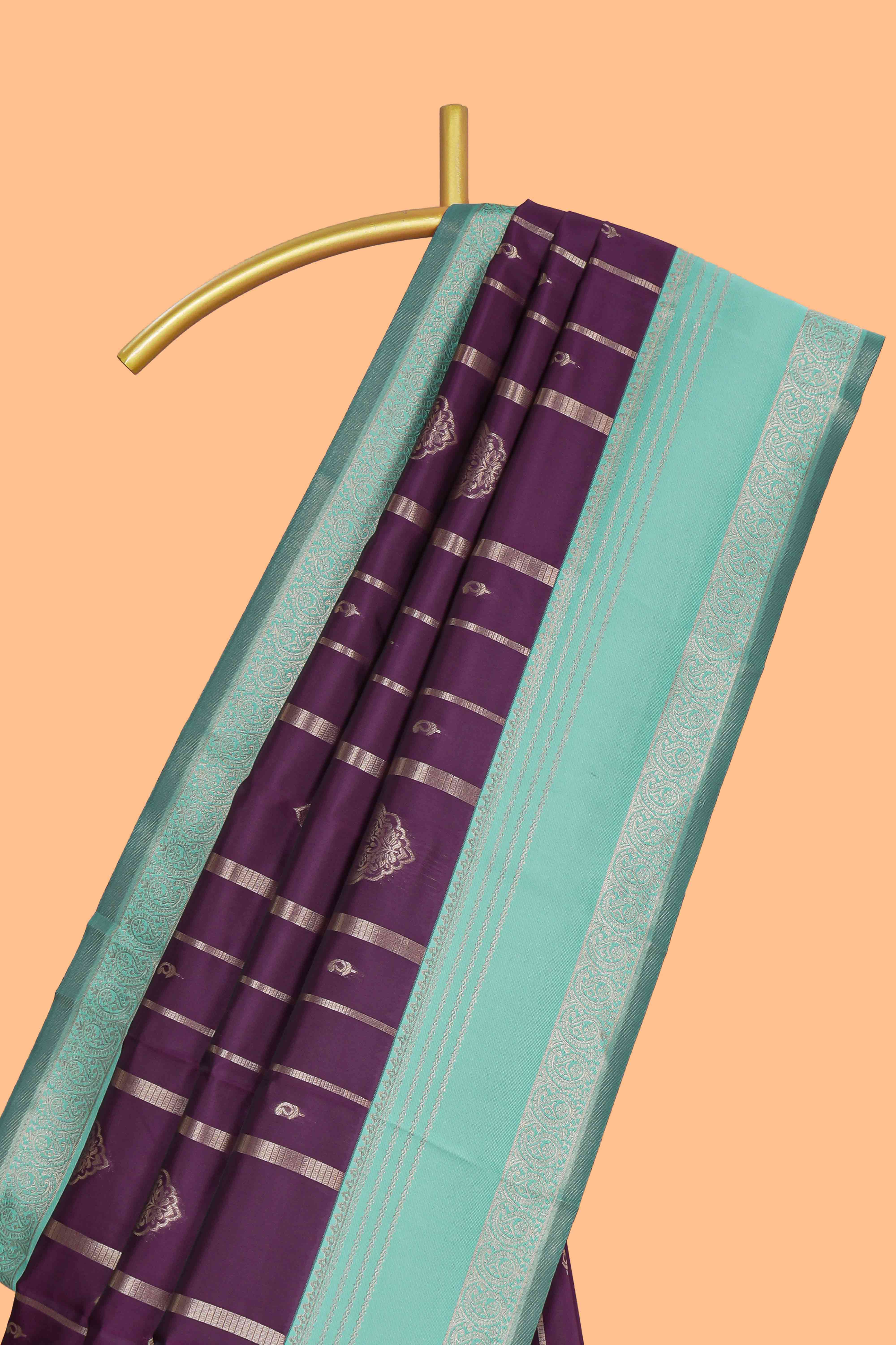 Purple striped zari motifs design kota cotton saree with contrast zari border and motifs blouse
