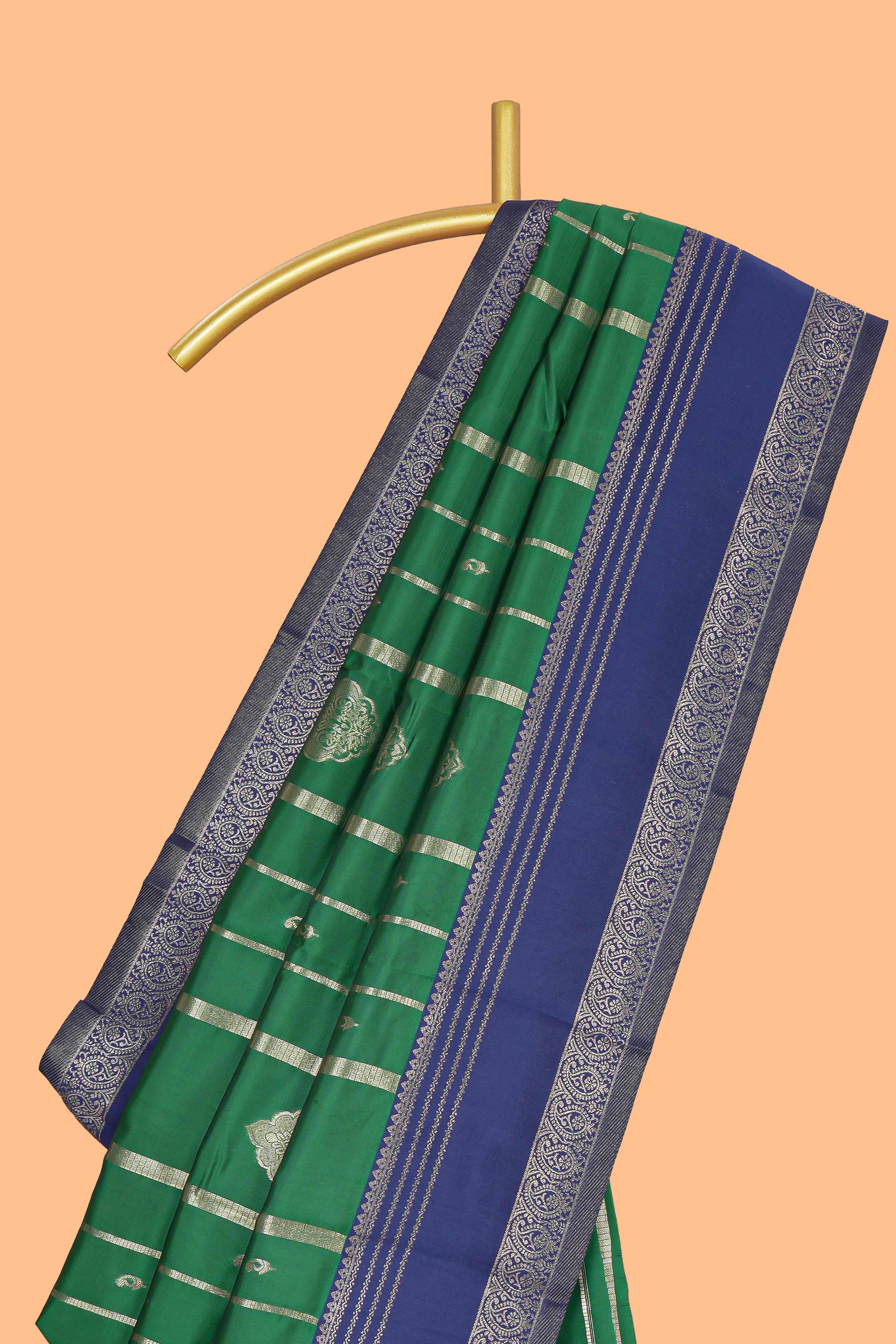 Green striped zari motifs design kota cotton saree with contrast zari border and motifs blouse