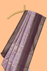 Lavender striped zari motifs design kota cotton saree with contrast zari border and motifs blouse