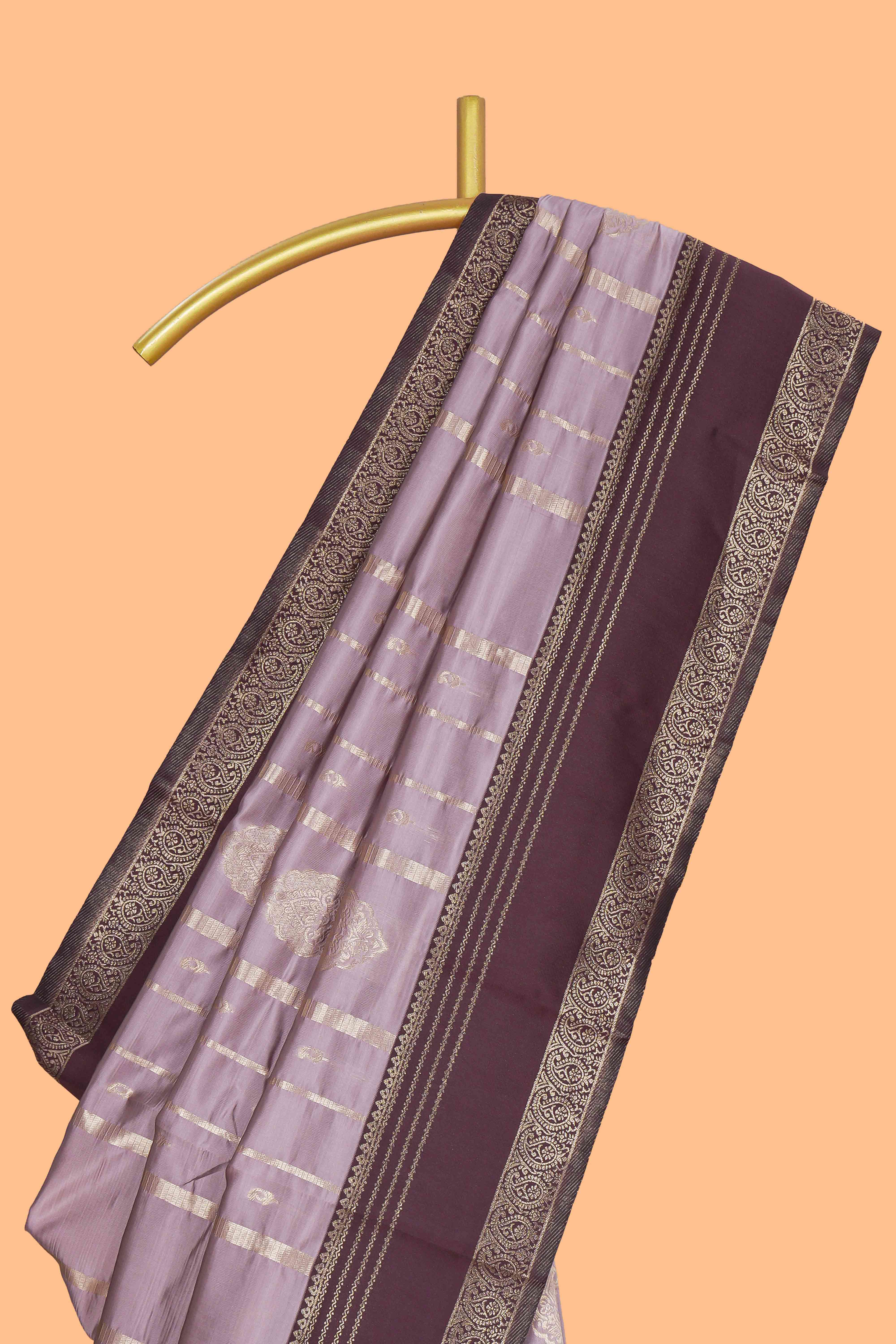 Lavender striped zari motifs design kota cotton saree with contrast zari border and motifs blouse