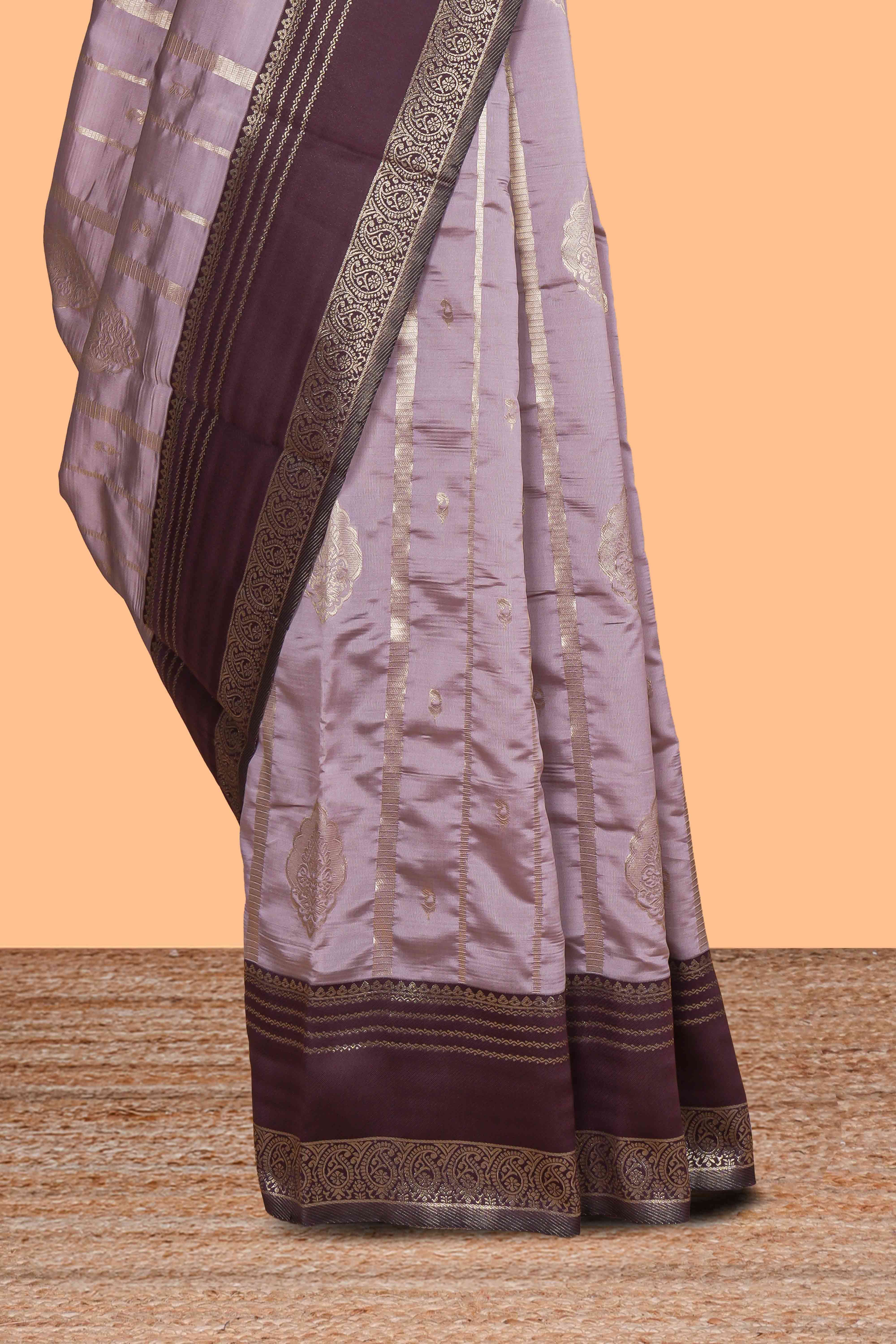 Lavender striped zari motifs design kota cotton saree with contrast zari border and motifs blouse