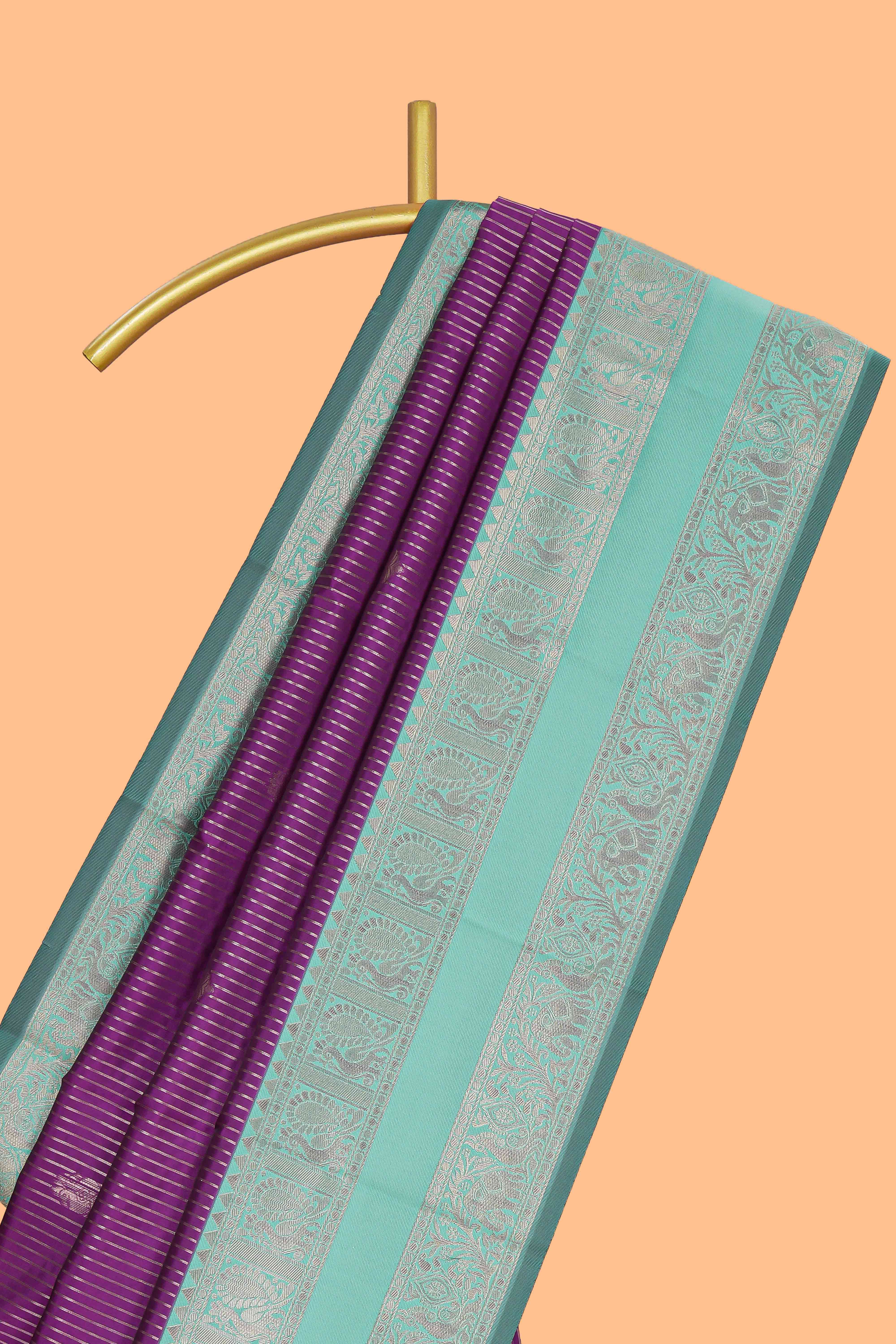 Purple striped zari motifs design kota cotton saree with contrast zari border and motifs blouse