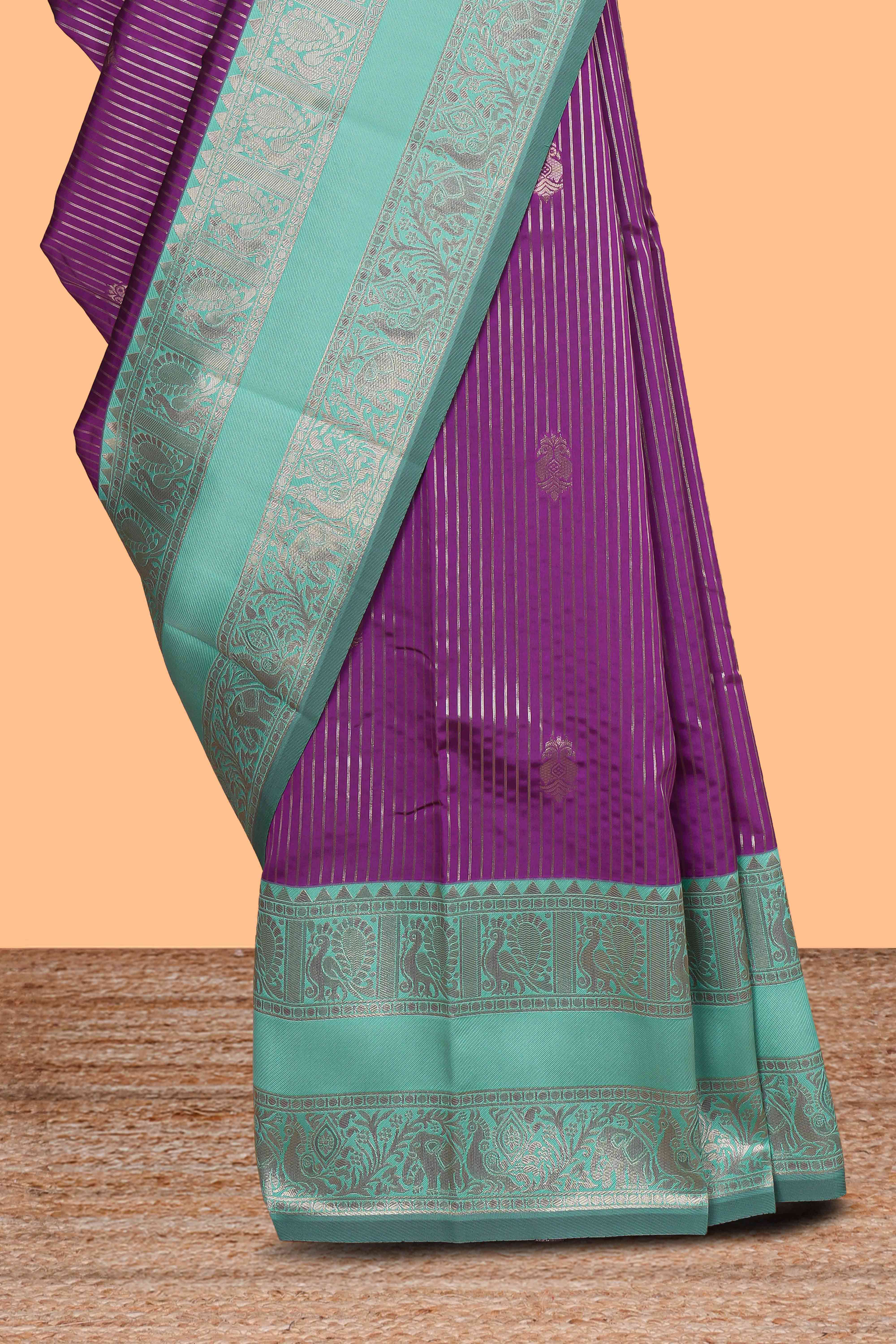 Purple striped zari motifs design kota cotton saree with contrast zari border and motifs blouse