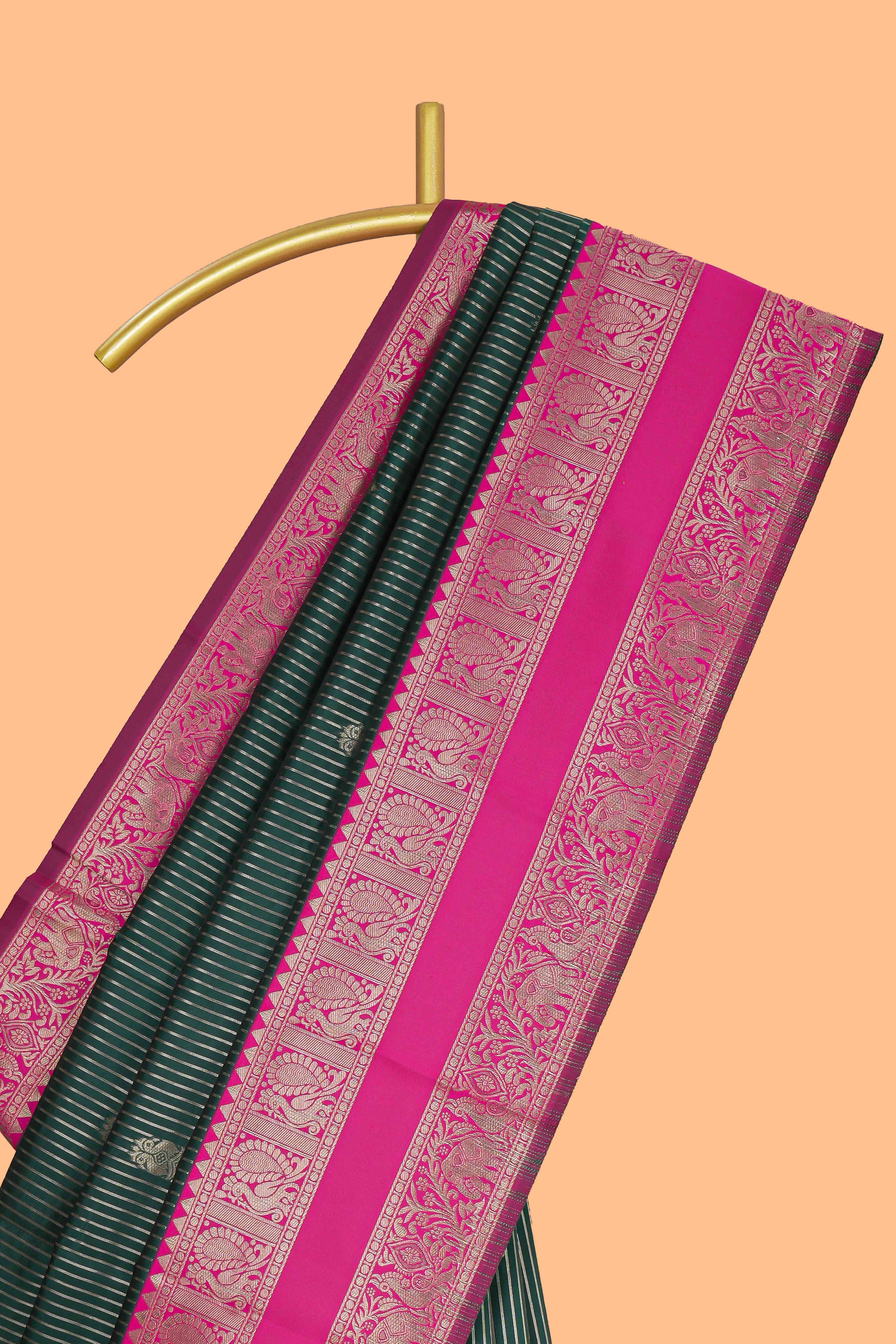 Green striped zari motifs design kota cotton saree with contrast zari border and motifs blouse