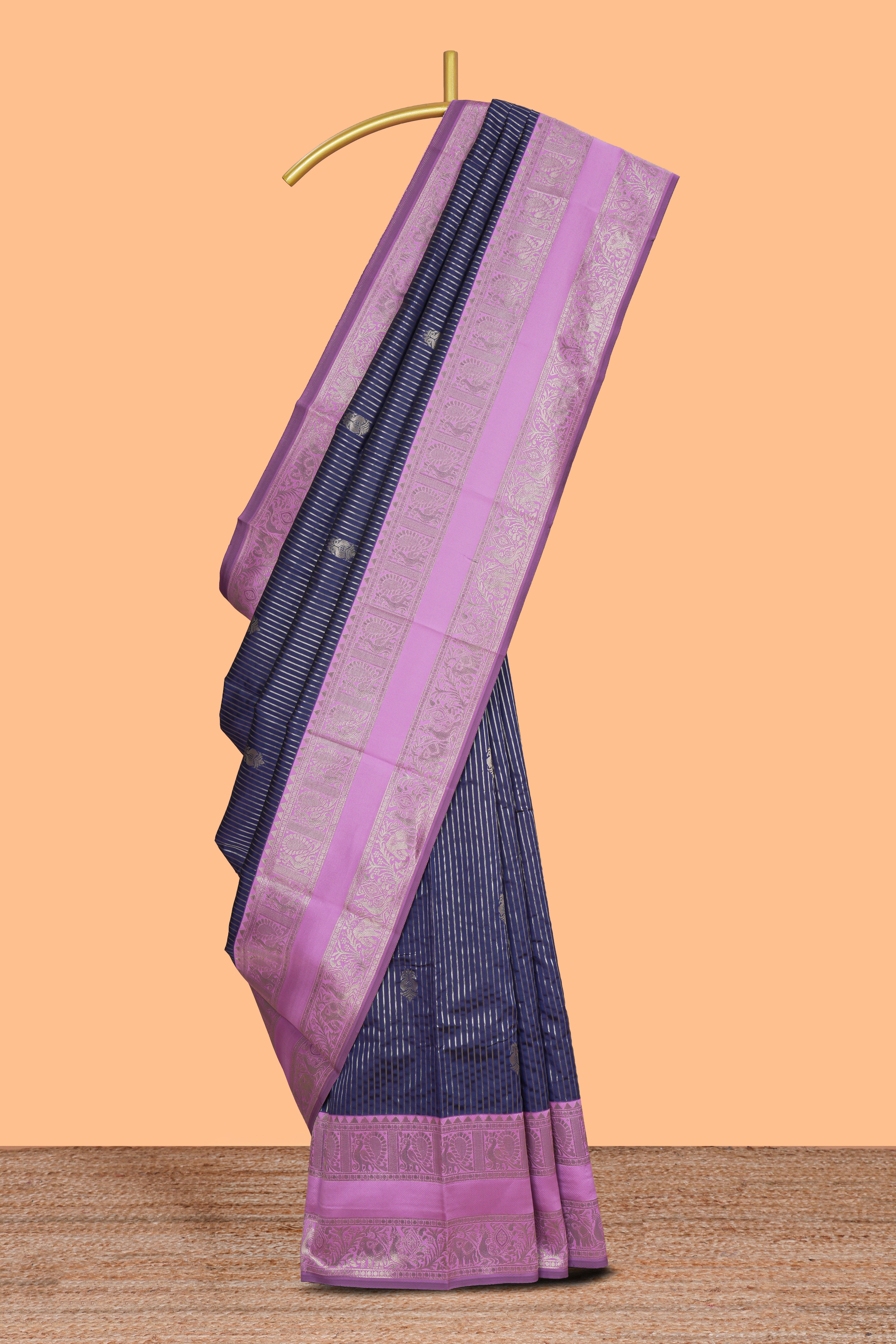 Blue striped zari motifs design kota cotton saree with contrast zari border and motifs blouse