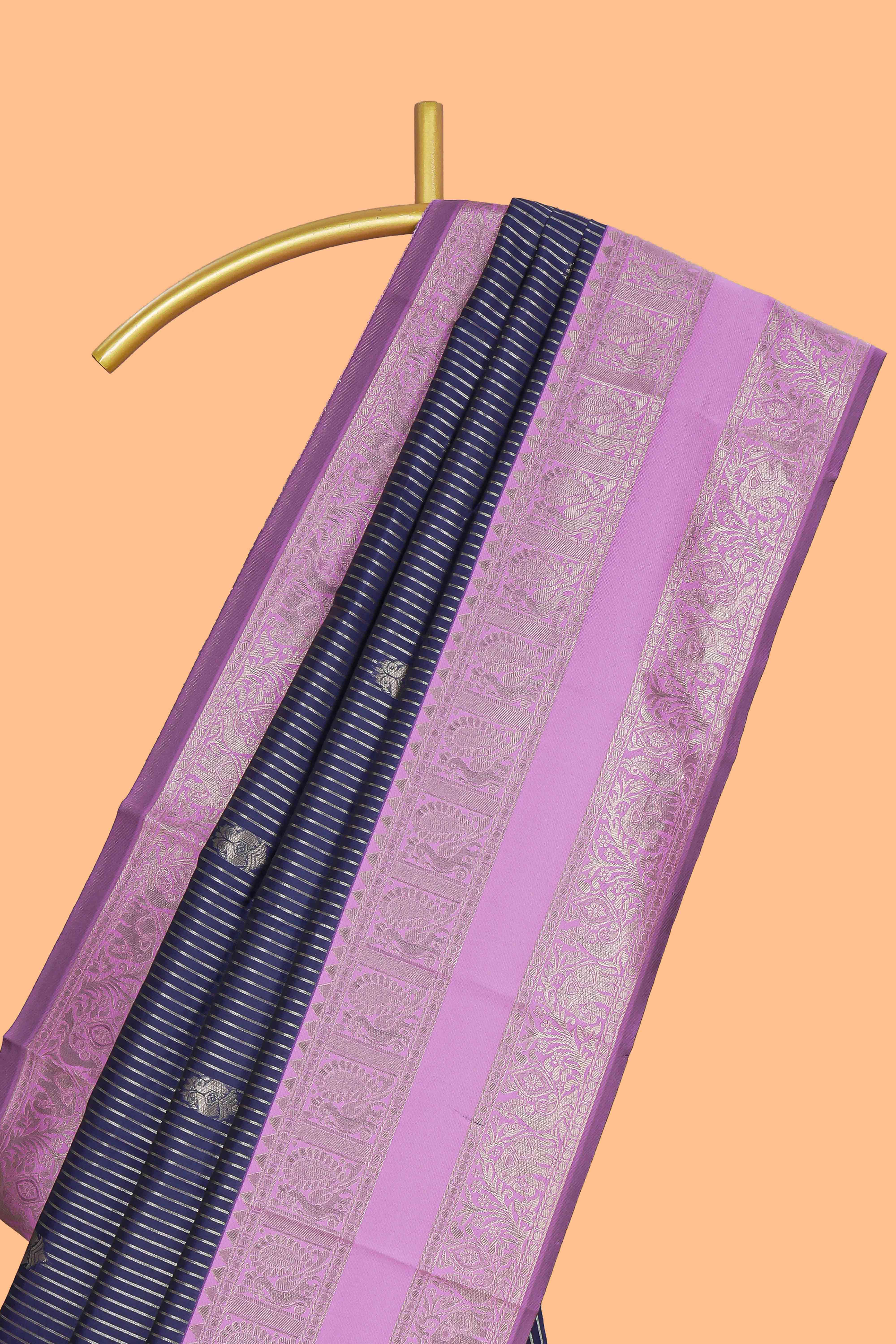 Blue striped zari motifs design kota cotton saree with contrast zari border and motifs blouse