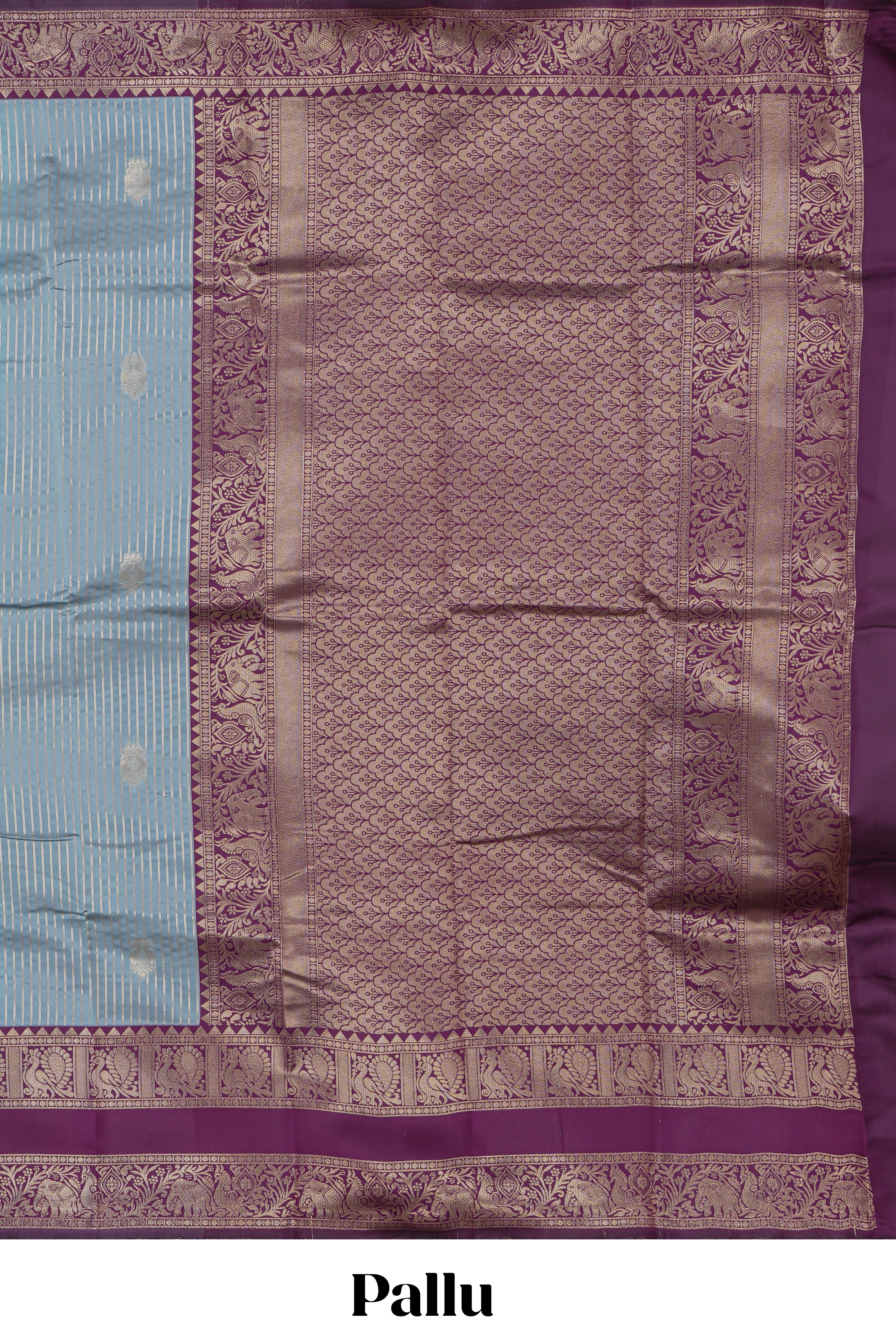 Light blue striped zari motifs design kota cotton saree with contrast zari border and motifs blouse