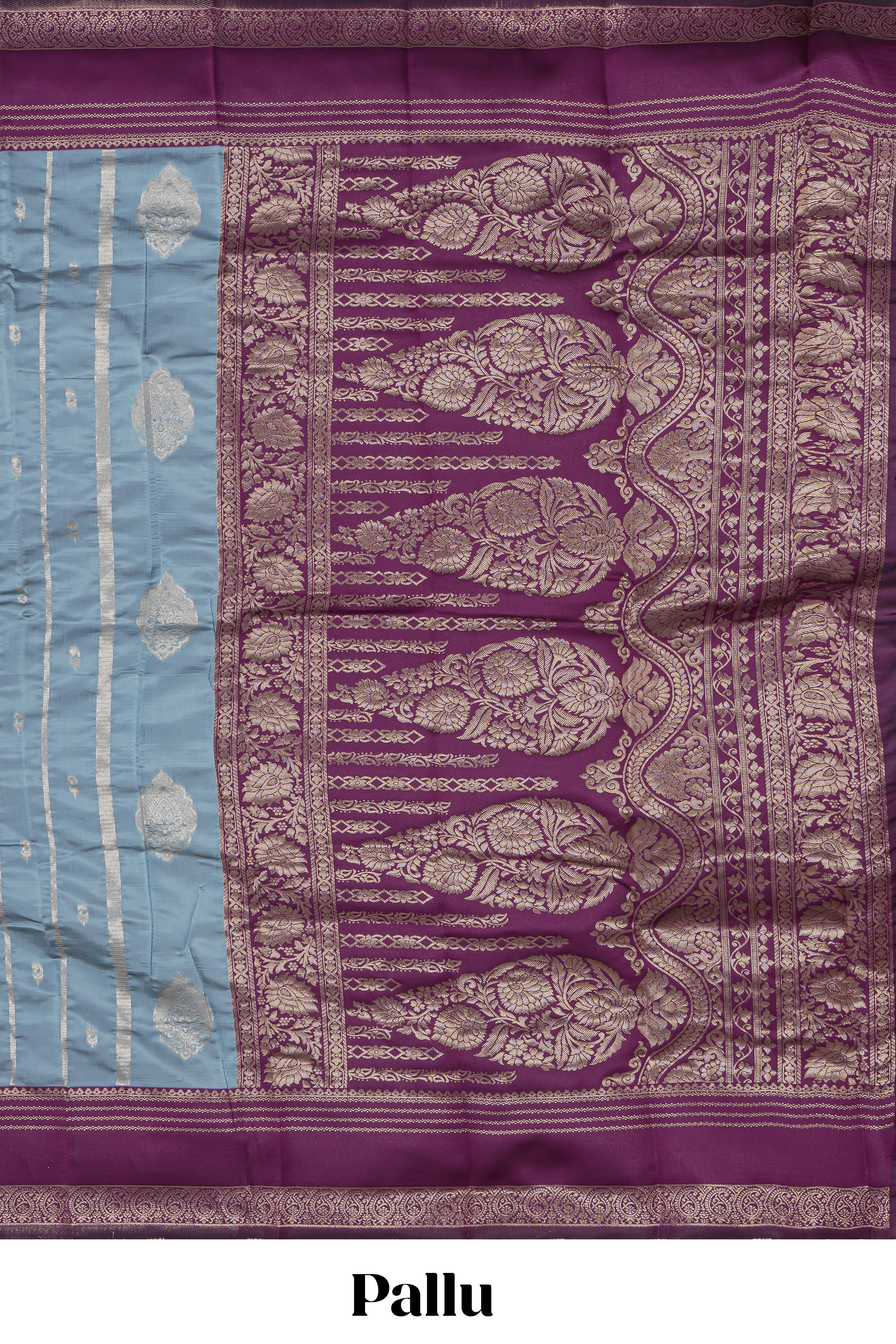 Light blue striped zari motifs design kota cotton saree with contrast zari border and motifs blouse