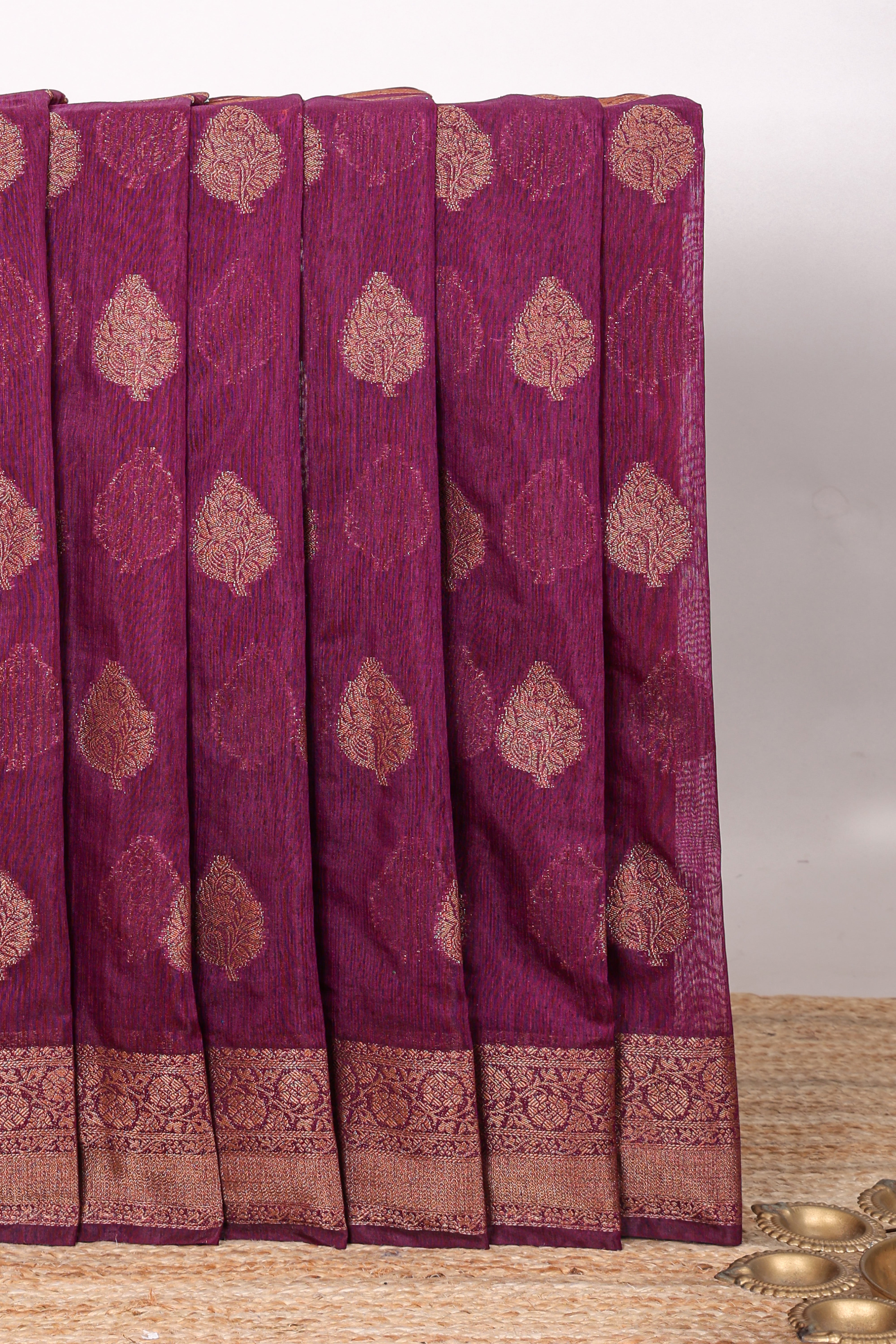 Purple floral zari motifs design kota cotton saree with self zari border and matching motifs blouse