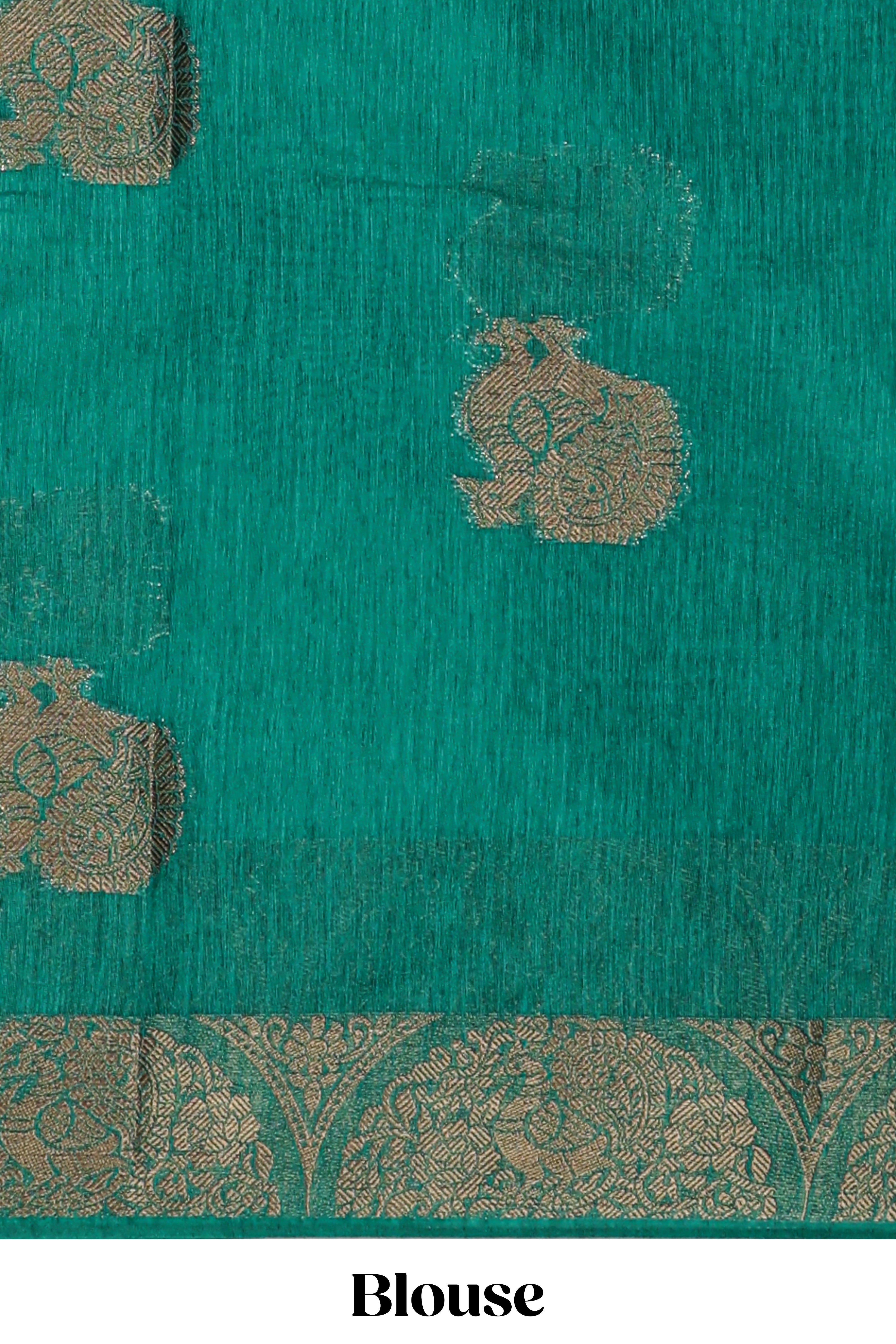 Green geometric zari motifs design kota cotton saree with self zari border and matching motifs blouse