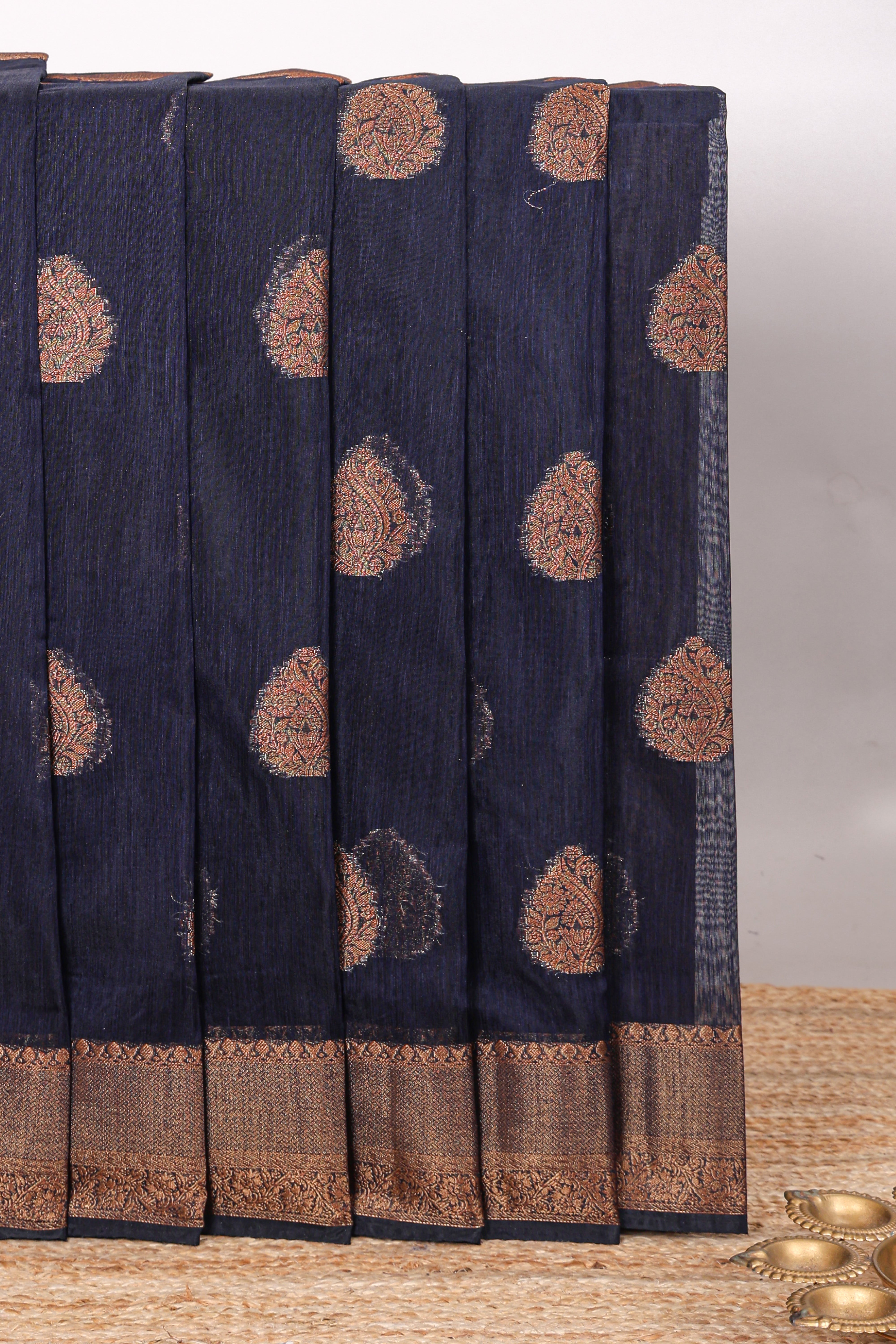 Dark blue geometric zari motifs design kota cotton saree with self zari border and matching motifs blouse