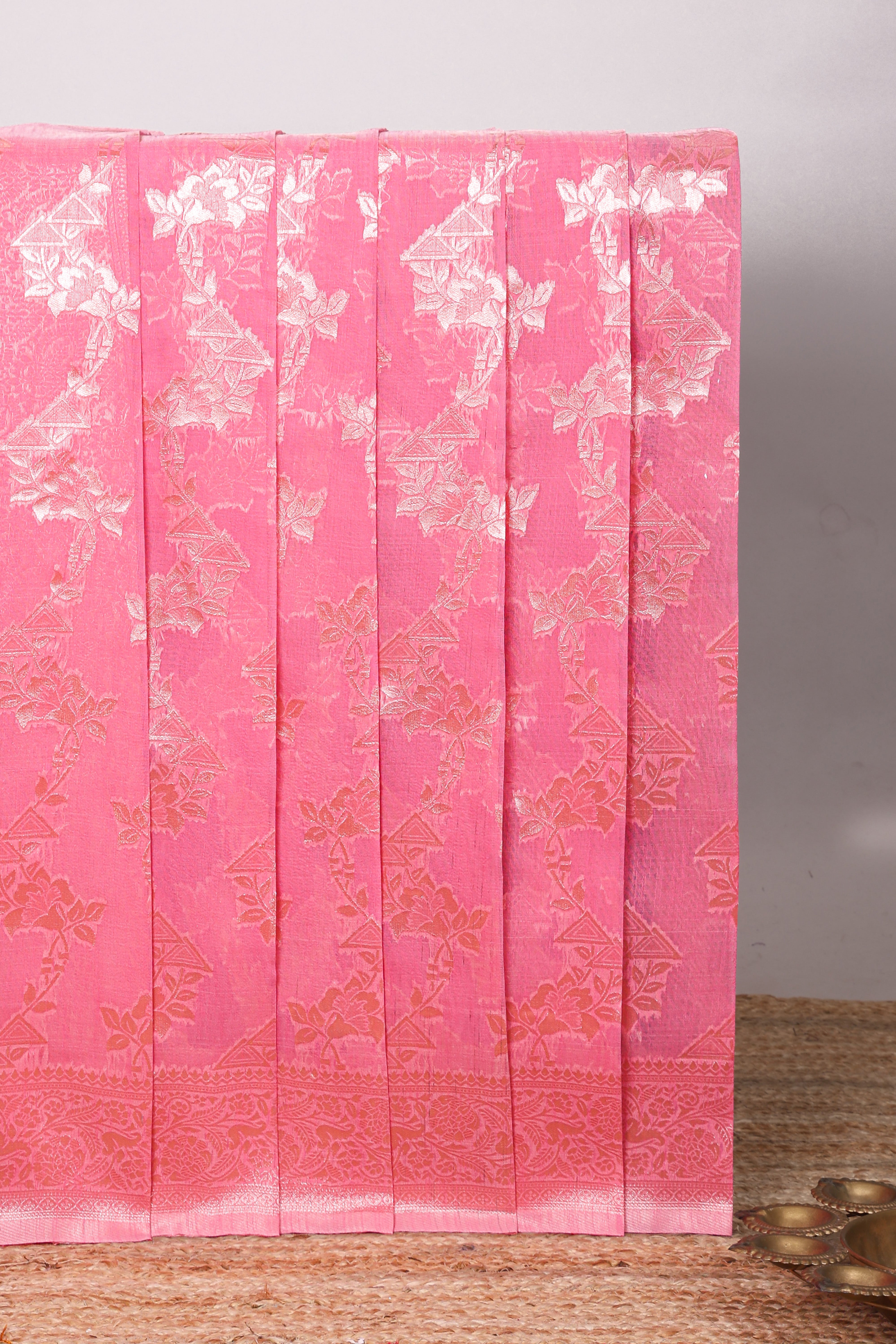 Pink floral zari design kota cotton saree with self zari border and matching blouse
