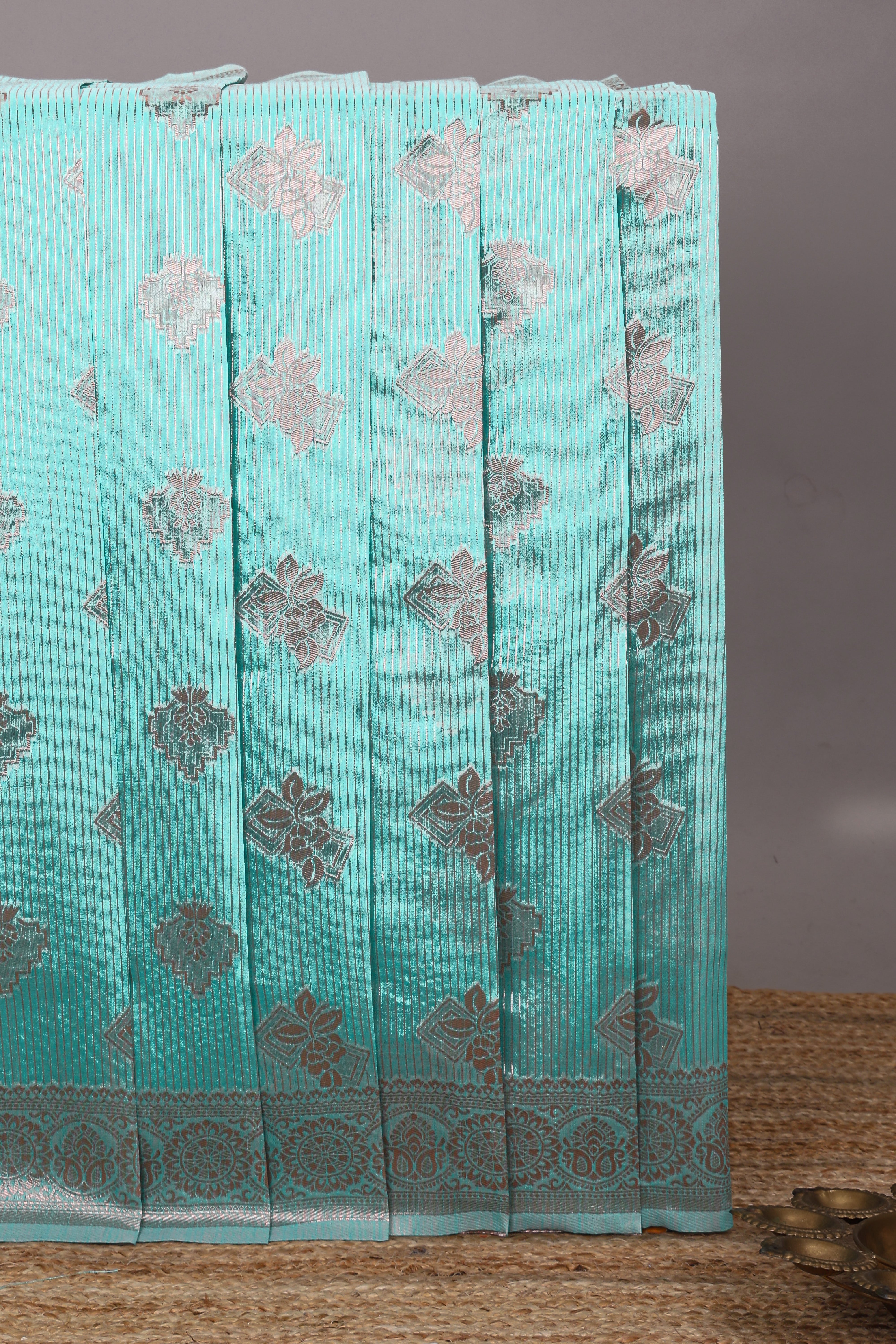 Turquoise blue floral zari design kota cotton saree with self zari border and matching blouse