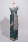 Dark green kotta cotton saee with gold zari buttas a zari border with temple design and zari woven pallu with matching blouse piece