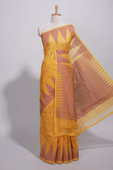 Yellow kota cotton saree with gold zari buttas a zari border with temple design and zari woven pallu with matching blouse piece