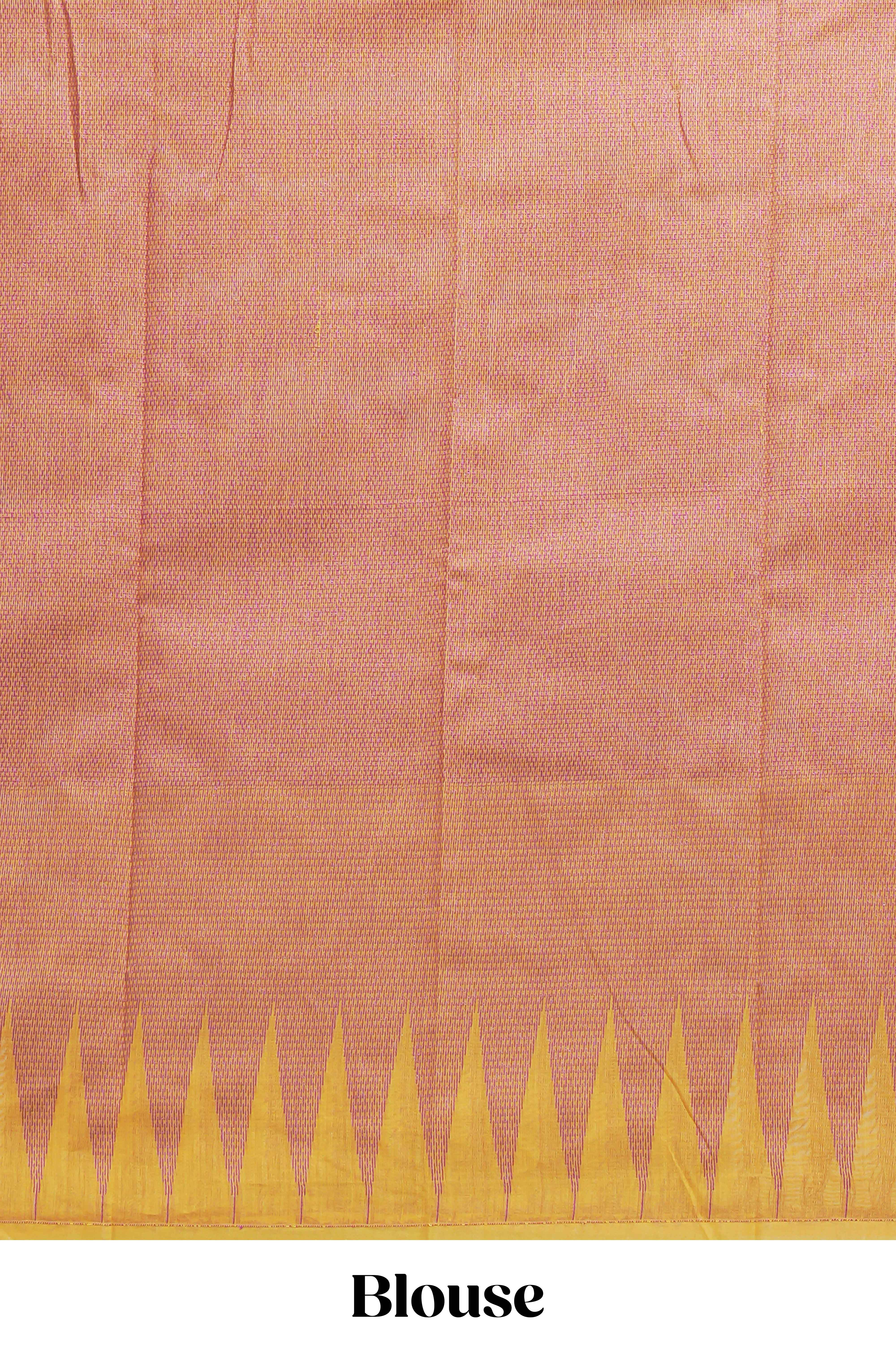 Yellow kota cotton saree with gold zari buttas a zari border with temple design and zari woven pallu with matching blouse piece