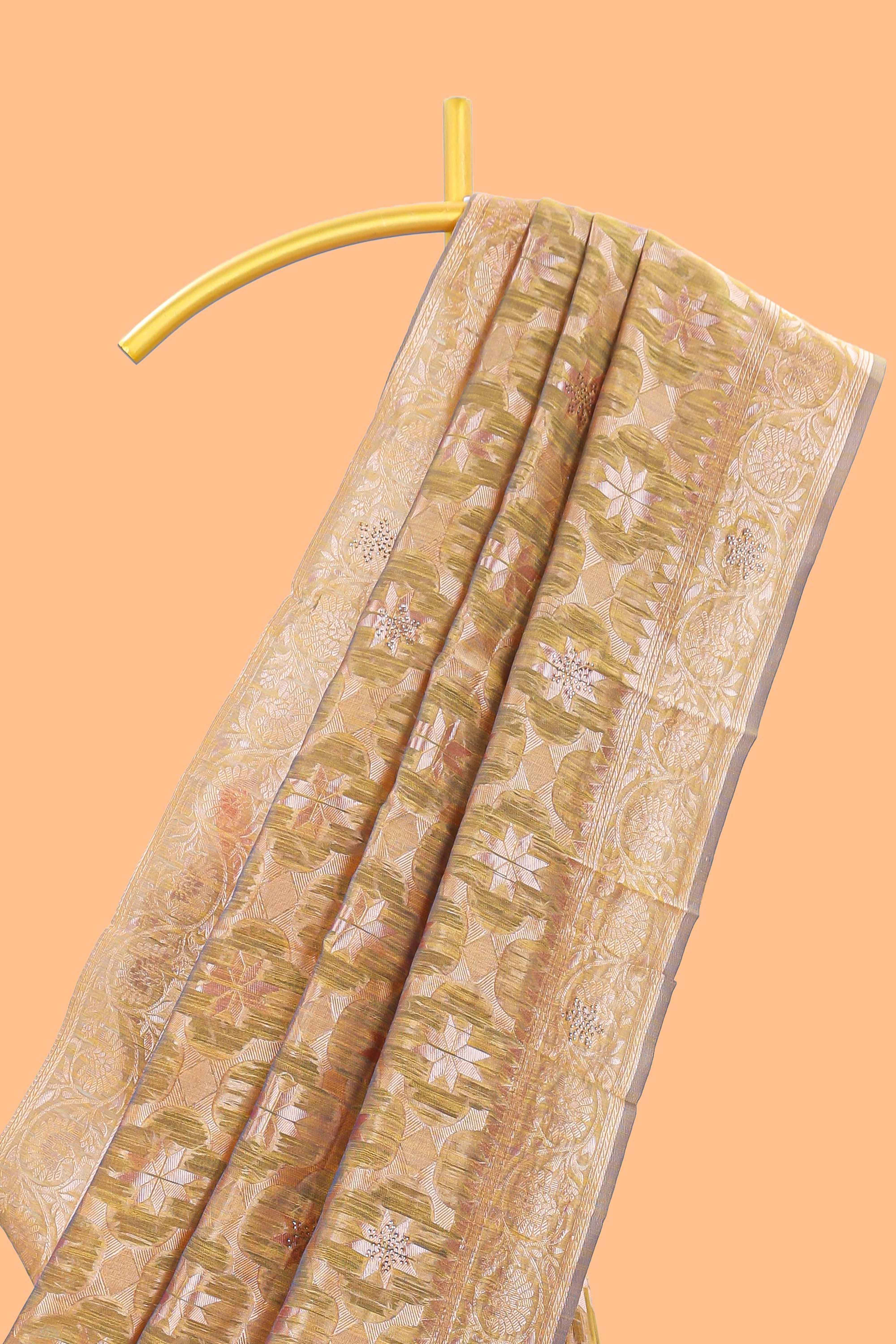 Olive gold floral motifs design kota cotton saree with self zari border and contrast blouse
