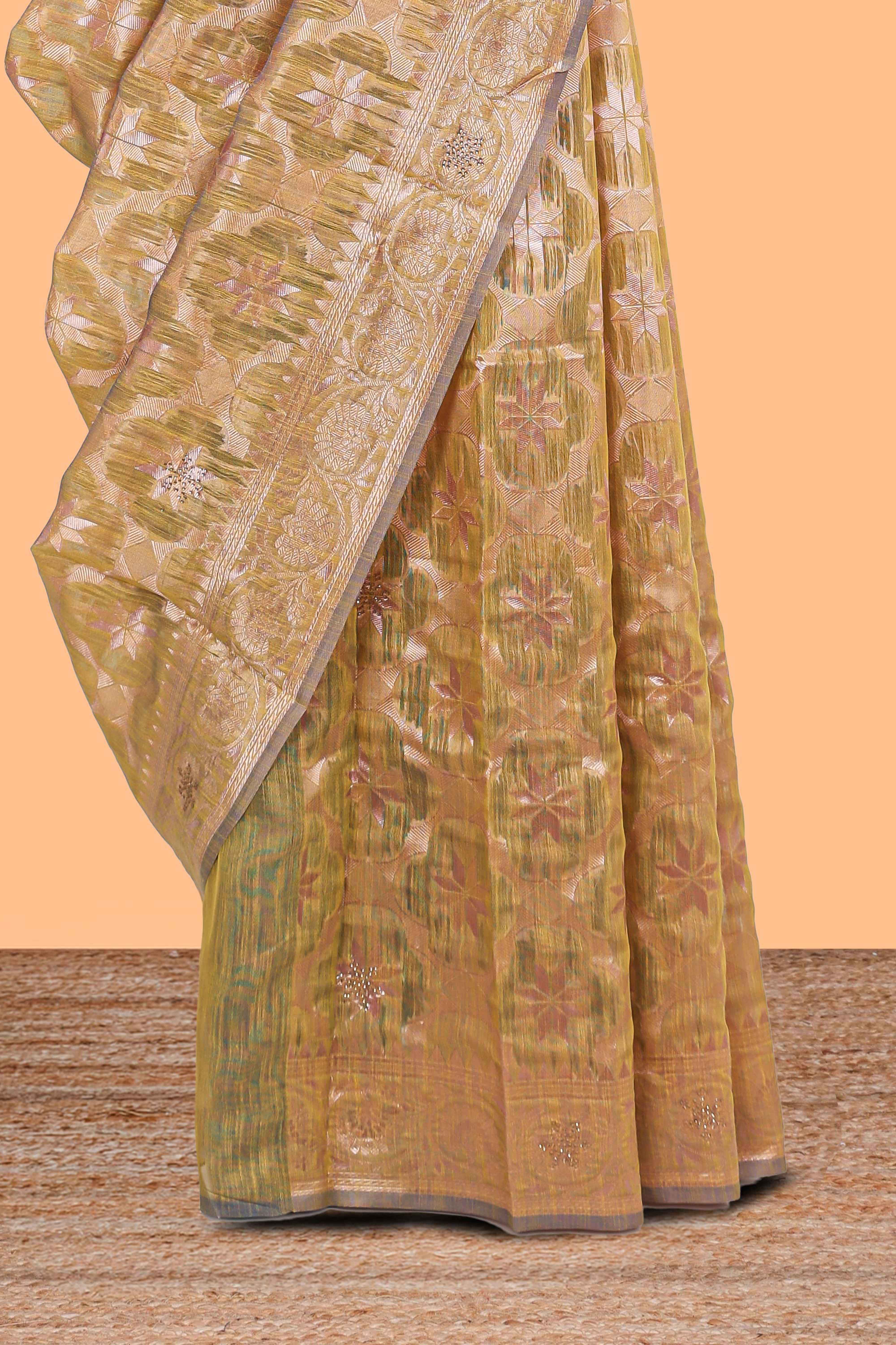 Olive gold floral motifs design kota cotton saree with self zari border and contrast blouse