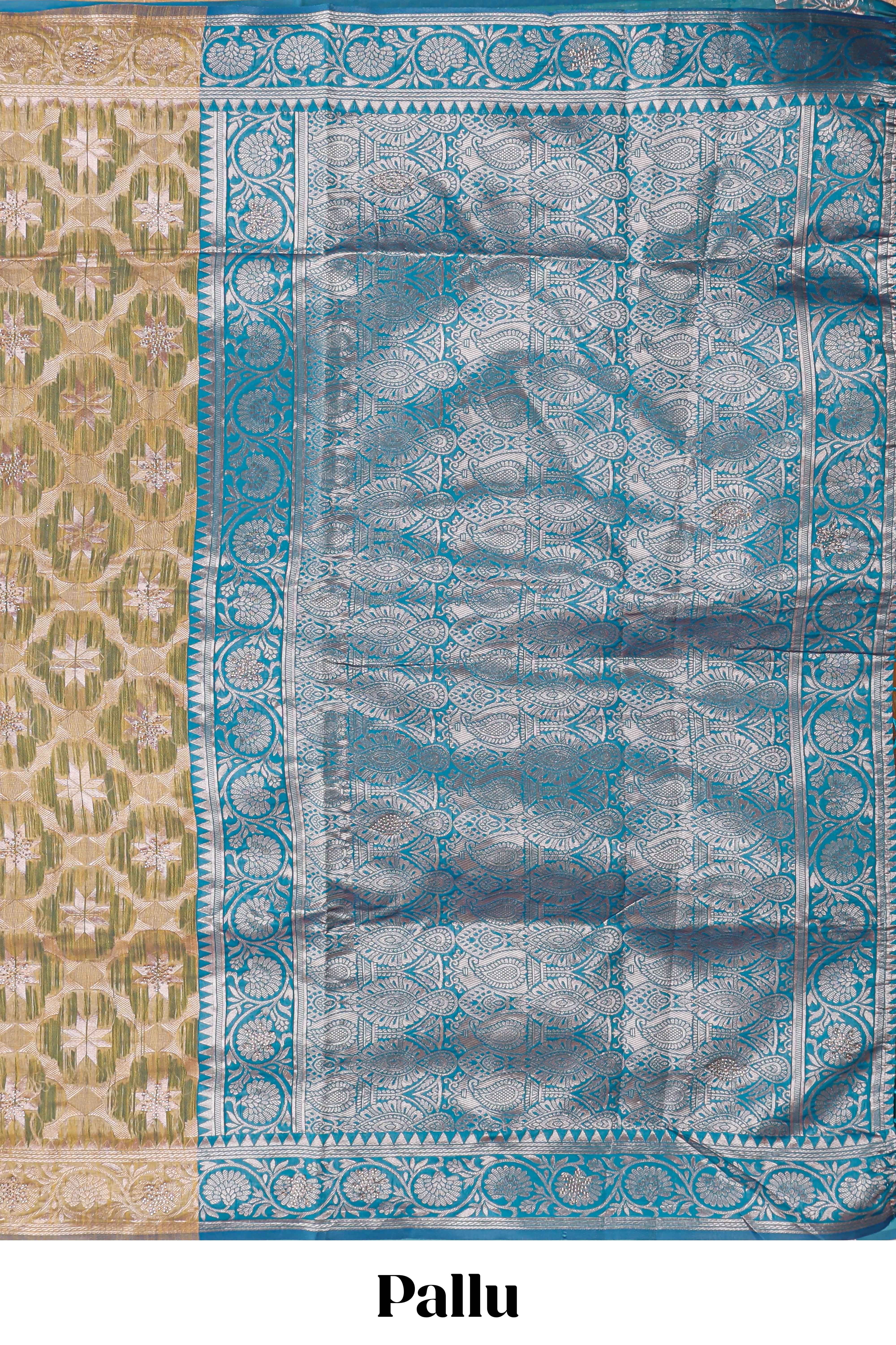 Olive gold floral motifs design kota cotton saree with self zari border and contrast blouse