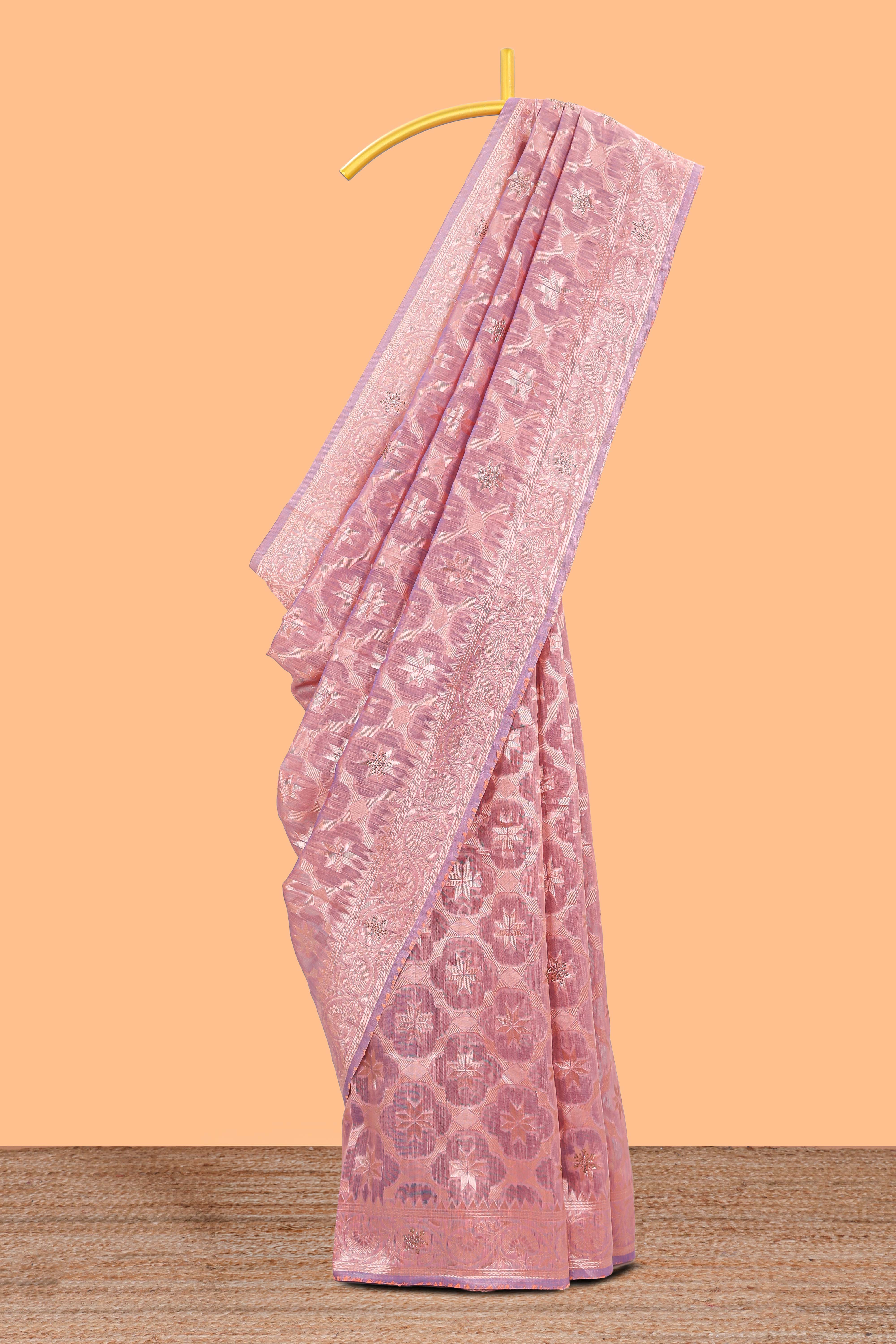 Pink floral motifs design kota cotton saree with self zari border and contrast blouse