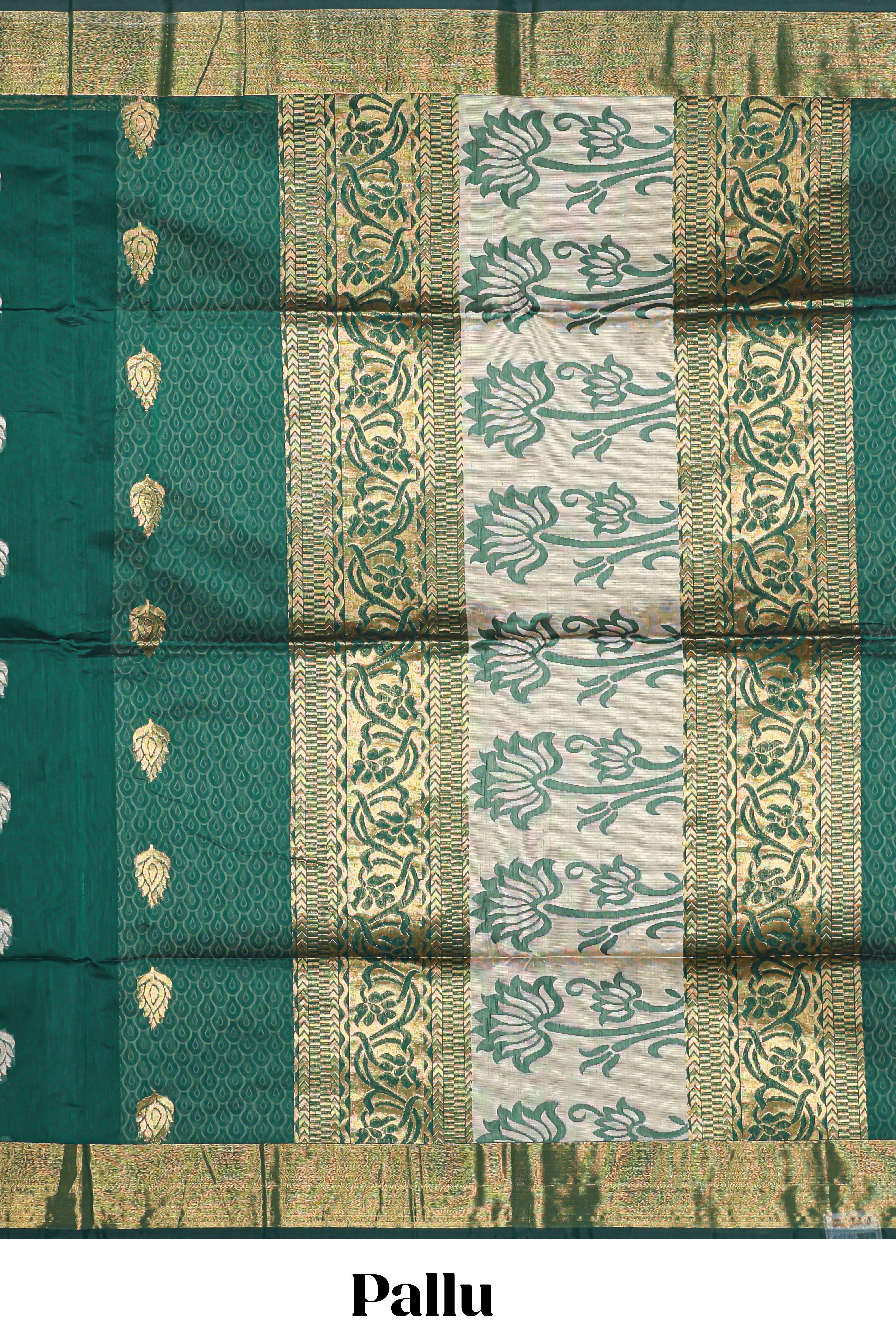 Green floral zari motifs kota cotton saree with self zari border and contrast blouse