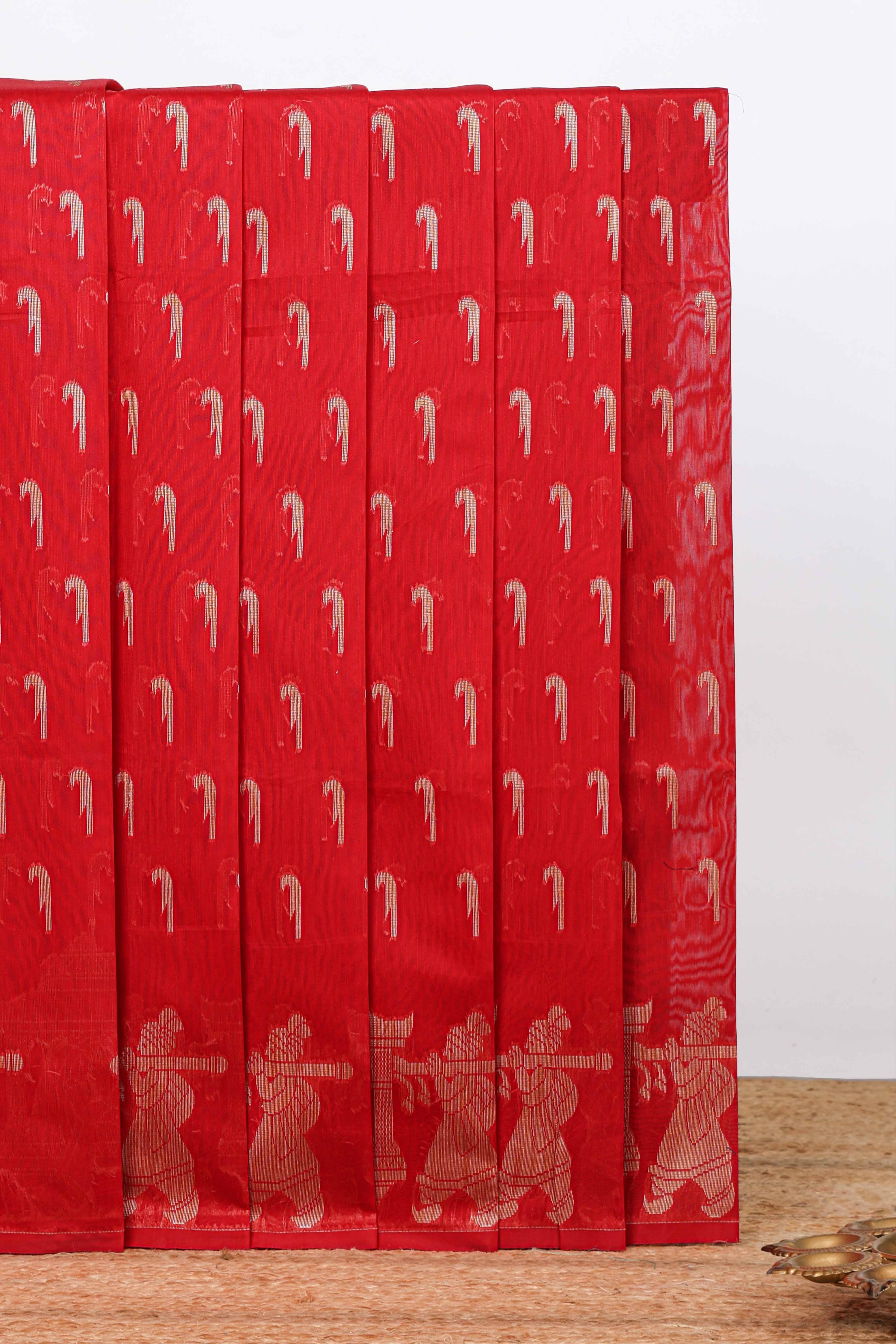 Bright red paithani design motifs kota cotton saree with self border with beautiful palak motifs and contrast blouse