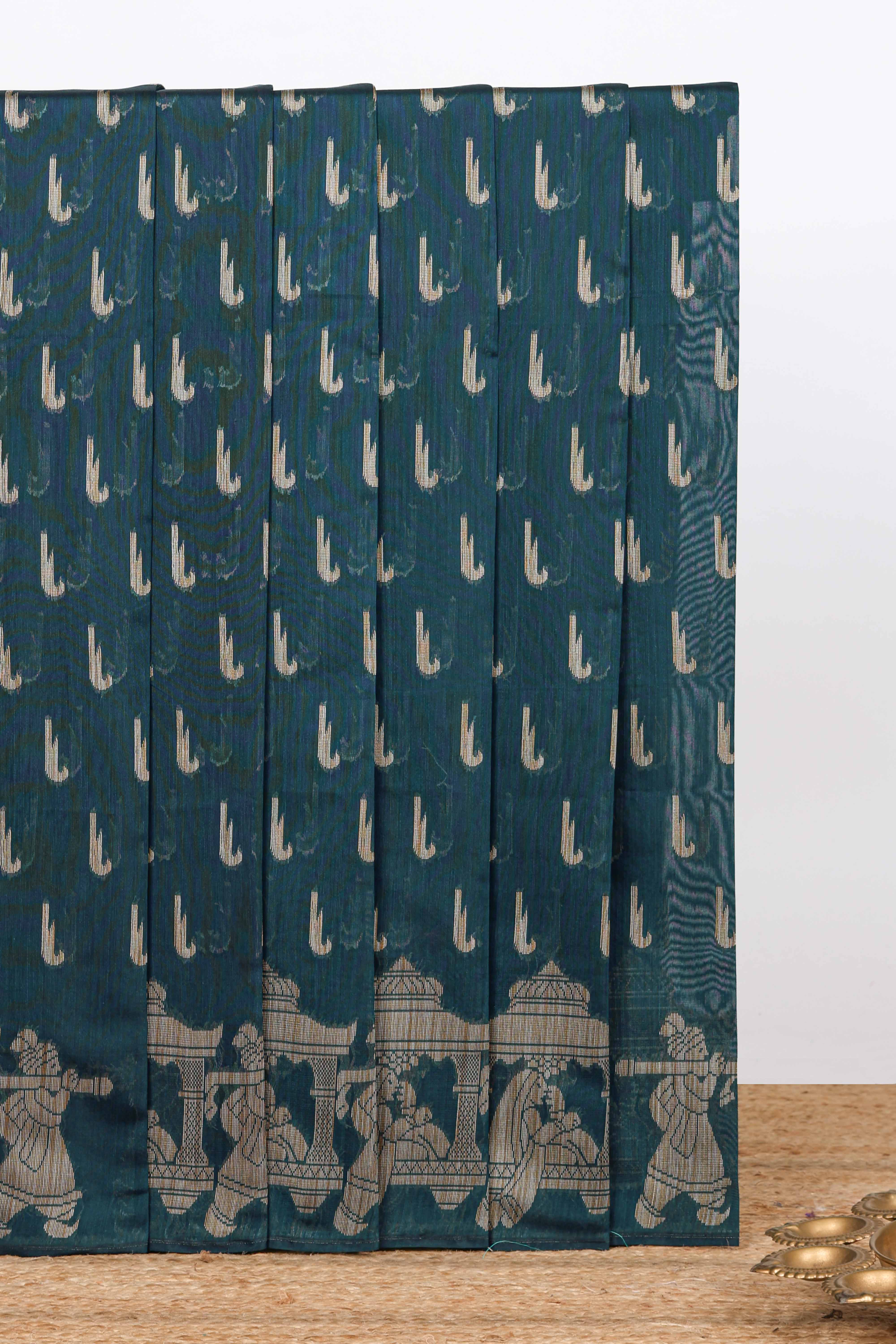 Deep teal blue paithani design motifs kota cotton saree with self border with beautiful palak motifs and contrast blouse