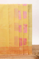 Yellow geometric motifs design kota cotton saree with self zari border and contrast blouse