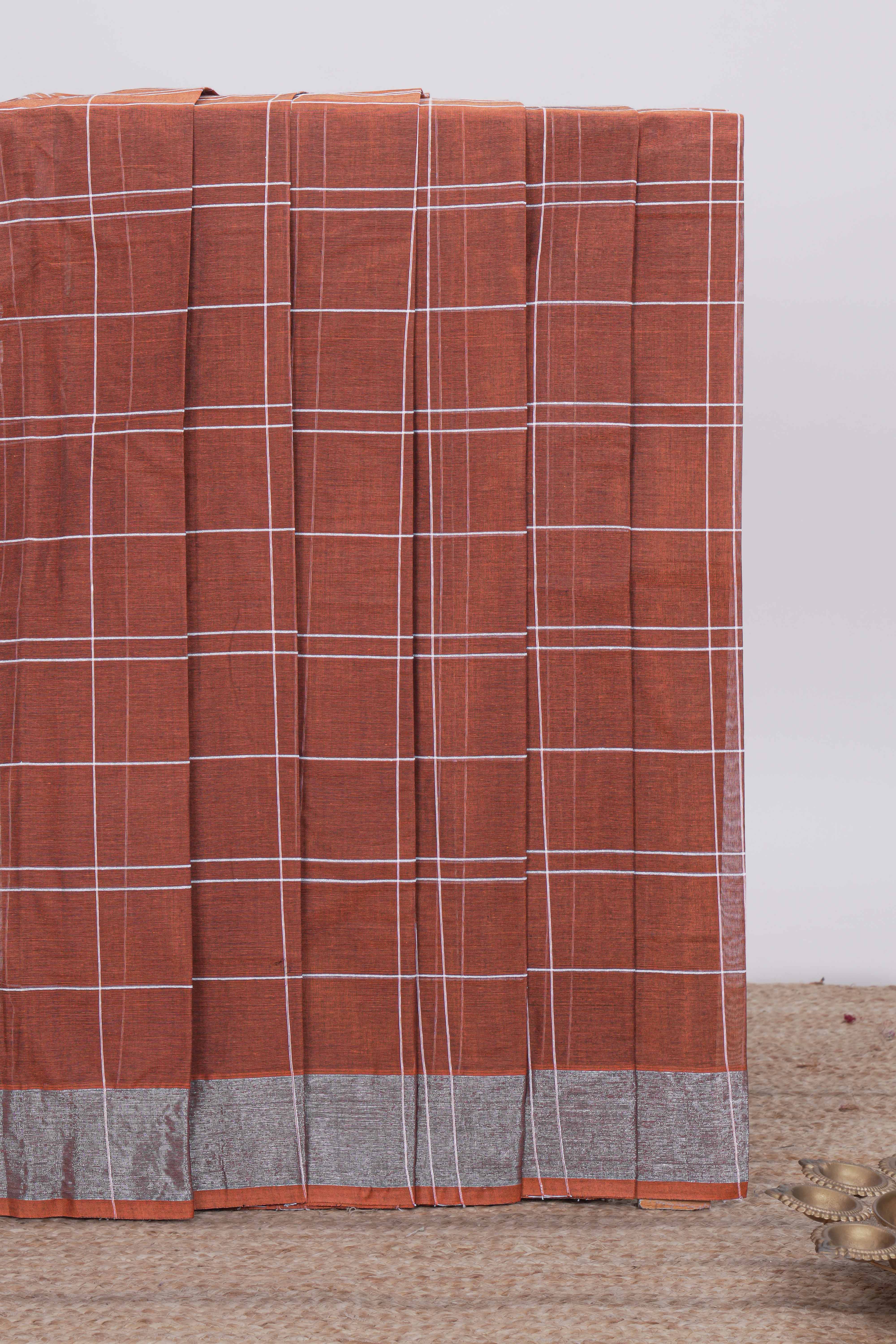 Rust orange checked kovai cotton saree with self border and matching blouse