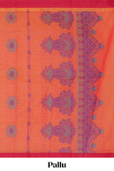 Orange striped kovai cotton saree with contrast border along with paisley-shaped floral design pallu and matching blouse
