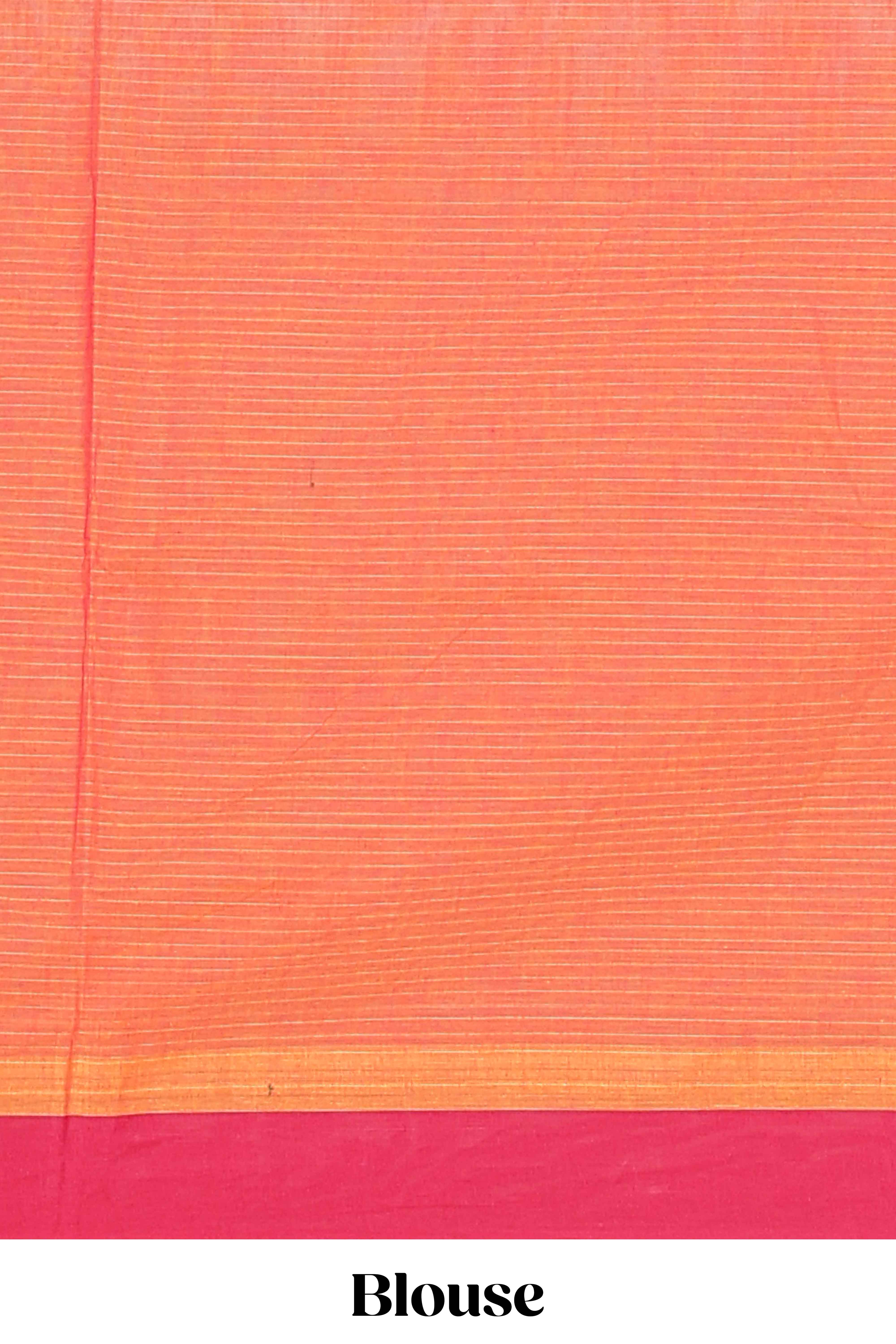 Orange striped kovai cotton saree with contrast border along with paisley-shaped floral design pallu and matching blouse