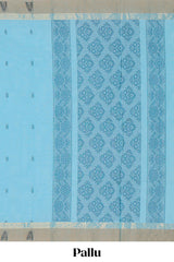 Blue shade floral butta motifs kovai cotton saree with contrast zari border and matching blouse along with floral geometric pattern pallu