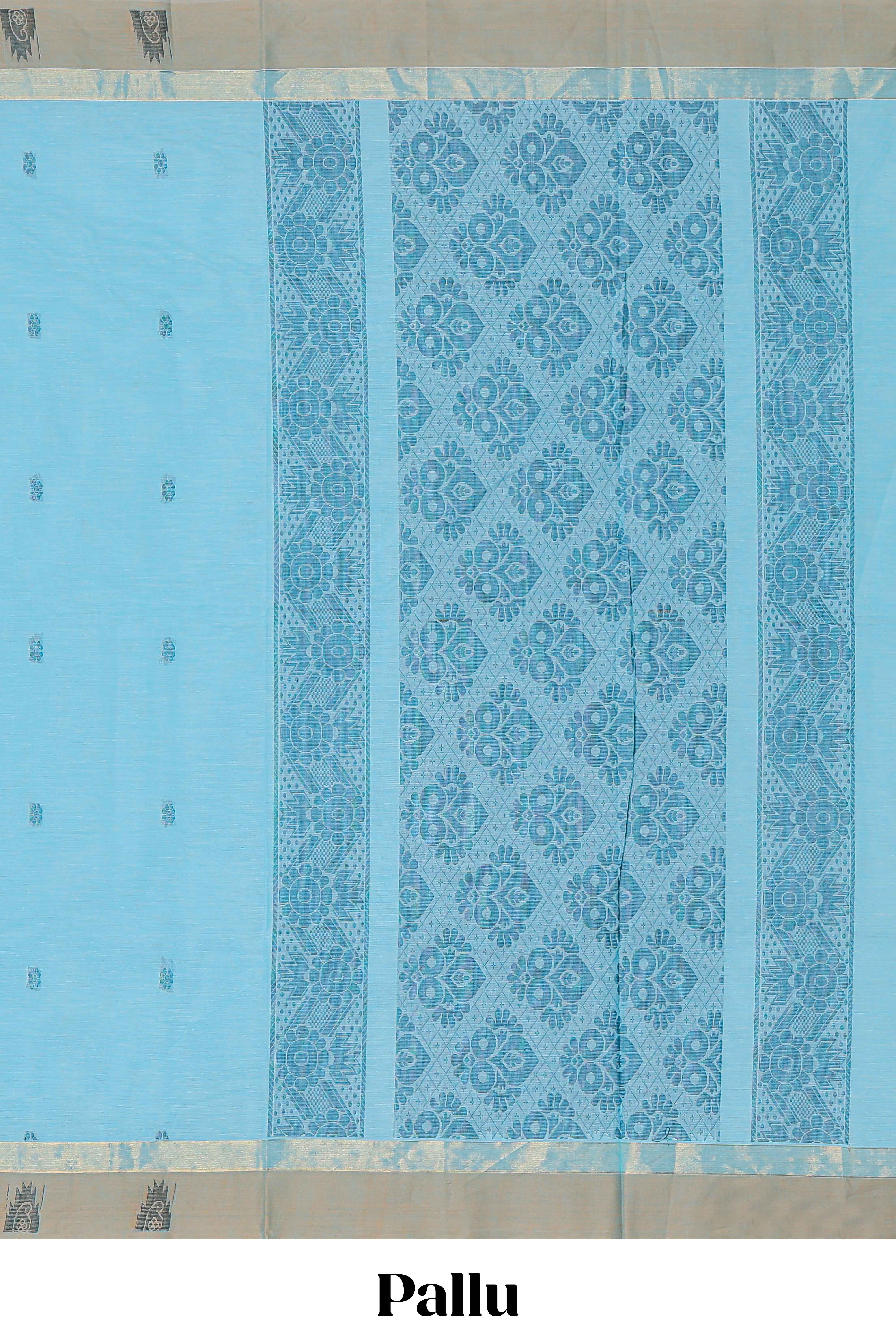 Blue shade floral butta motifs kovai cotton saree with contrast zari border and matching blouse along with floral geometric pattern pallu