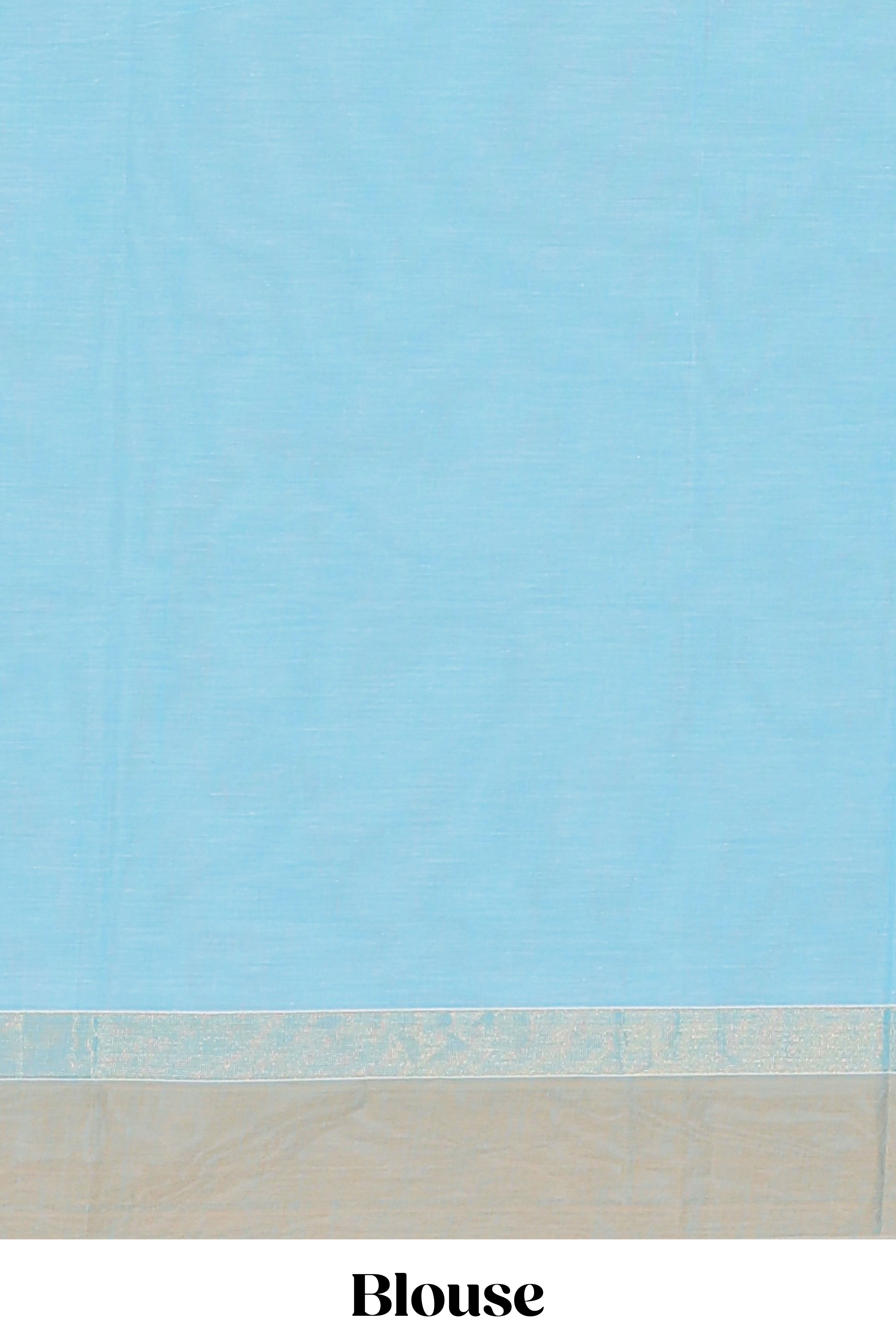 Blue shade floral butta motifs kovai cotton saree with contrast zari border and matching blouse along with floral geometric pattern pallu