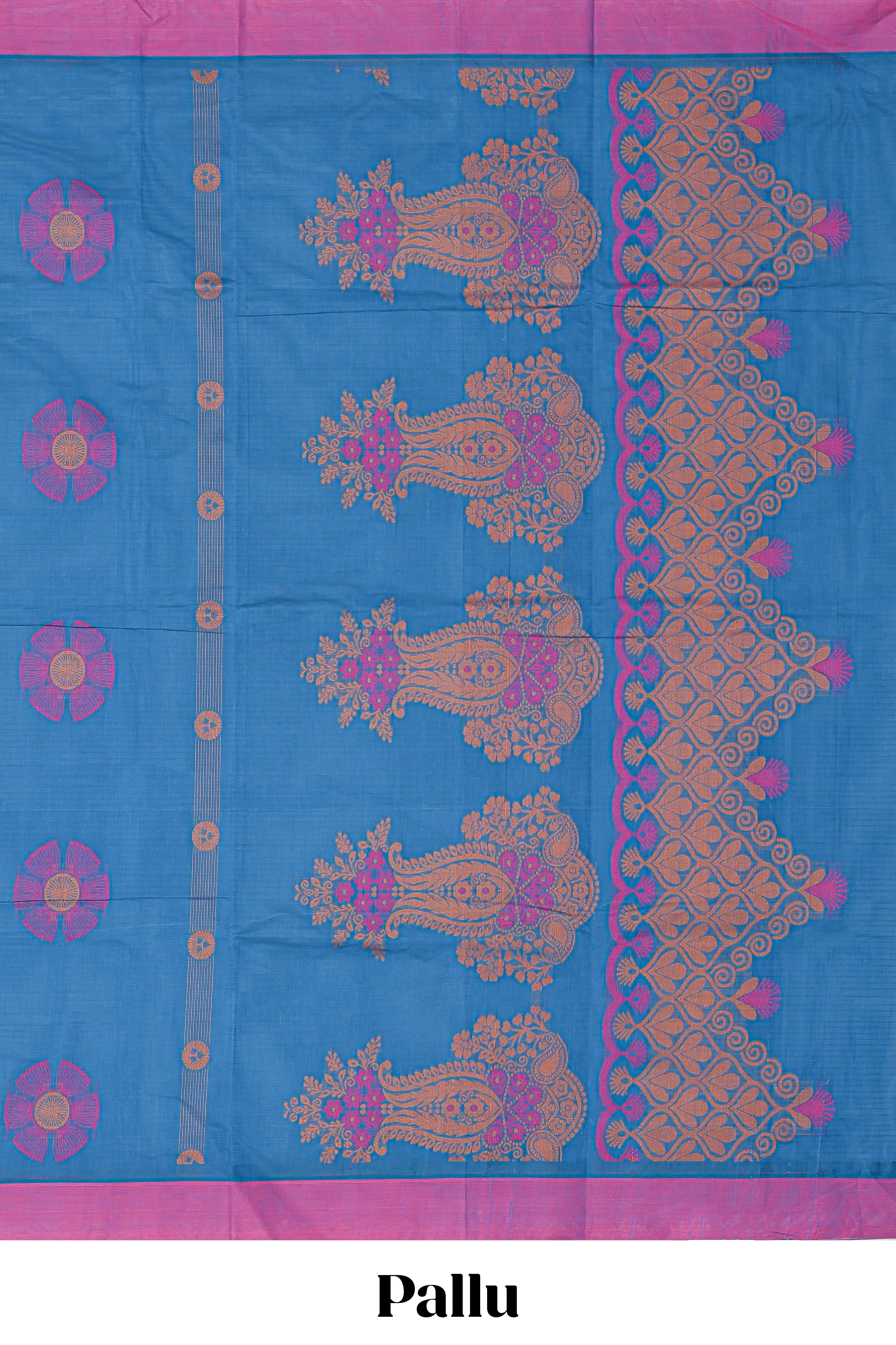 Ink blue floral butta motifs kovai cotton saree with contrast border and matching blouse along with manga motifs pallu