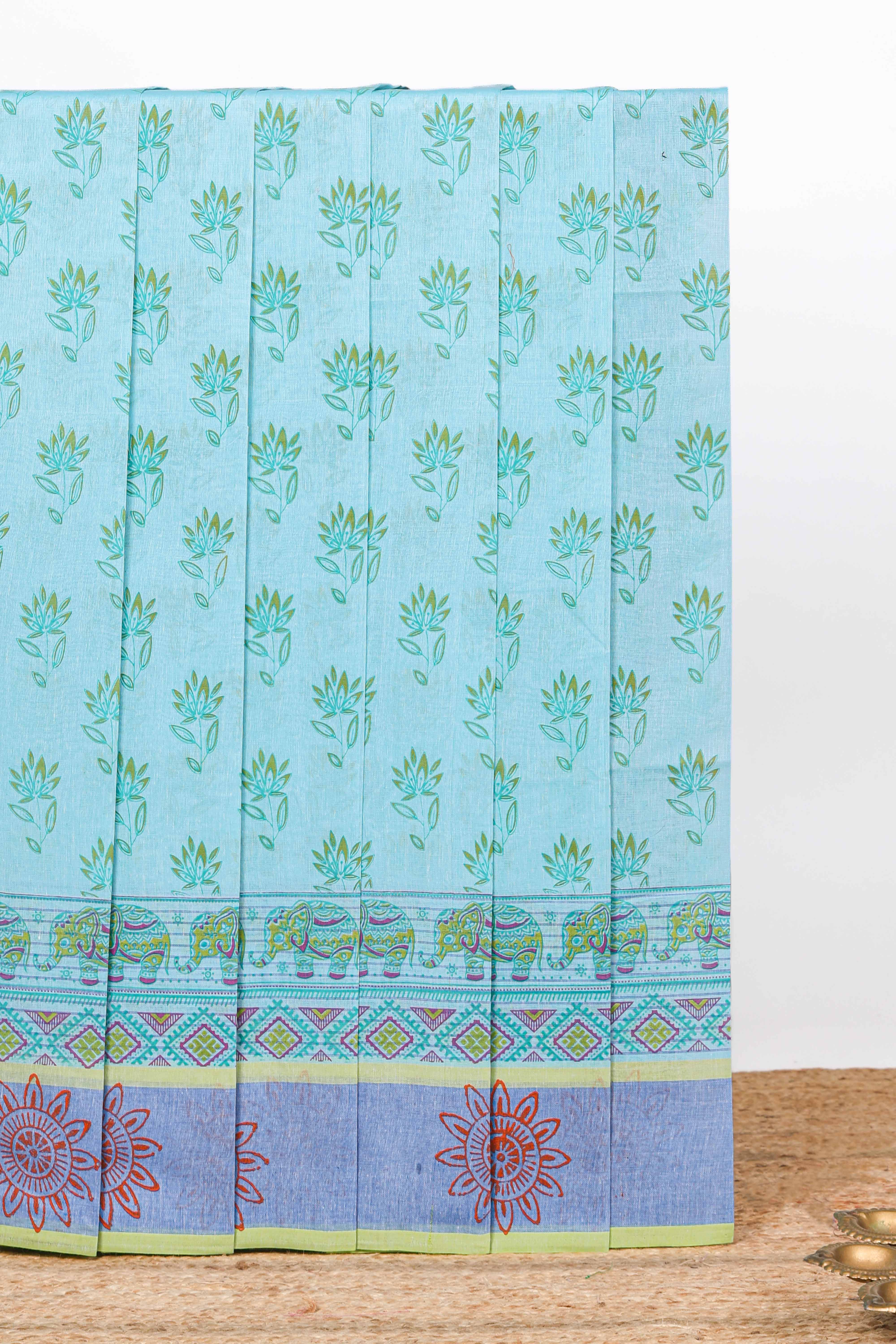 Light blue floral and elephant motifs kovai cotton saree with contrastborder and blouse