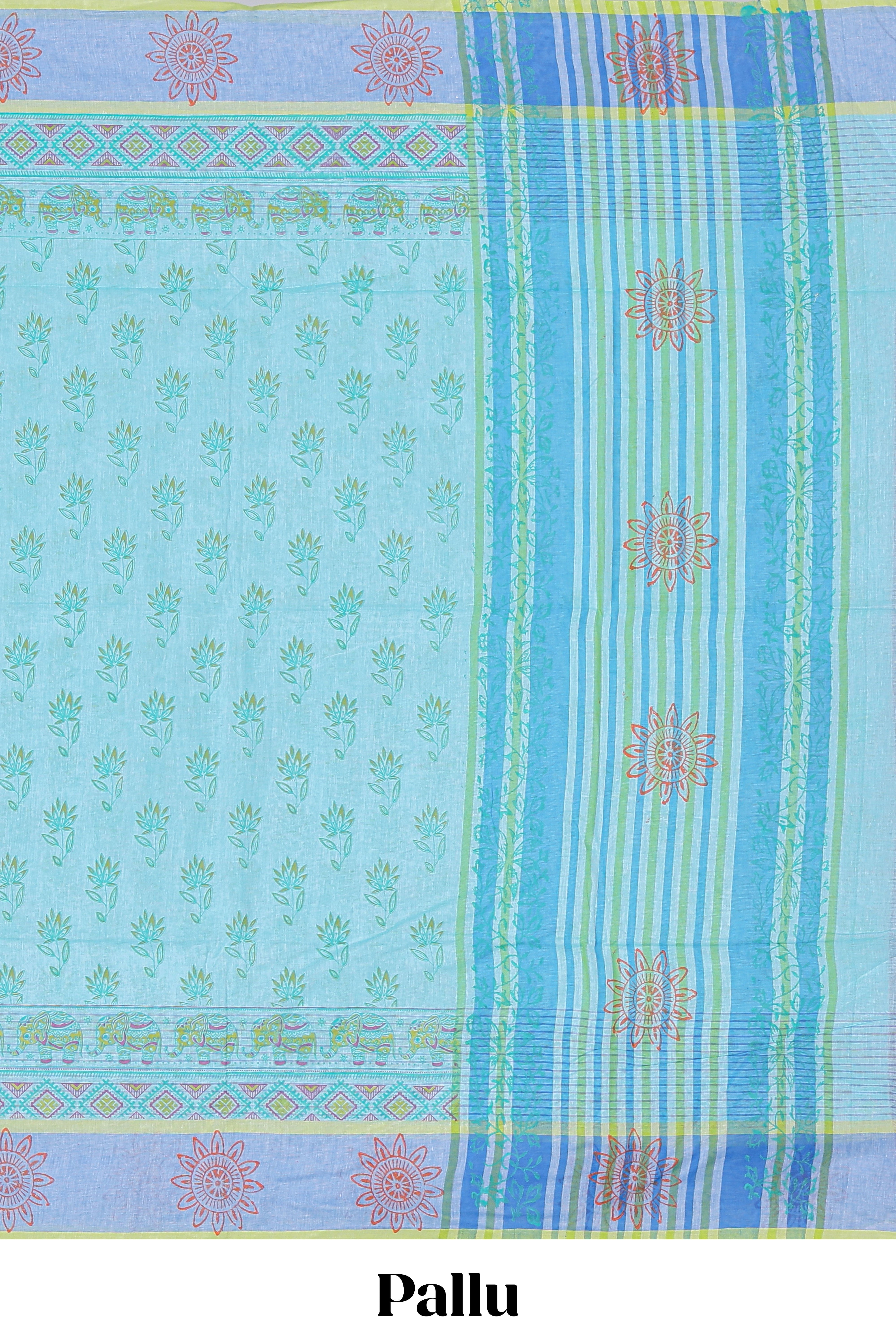 Light blue floral and elephant motifs kovai cotton saree with contrastborder and blouse