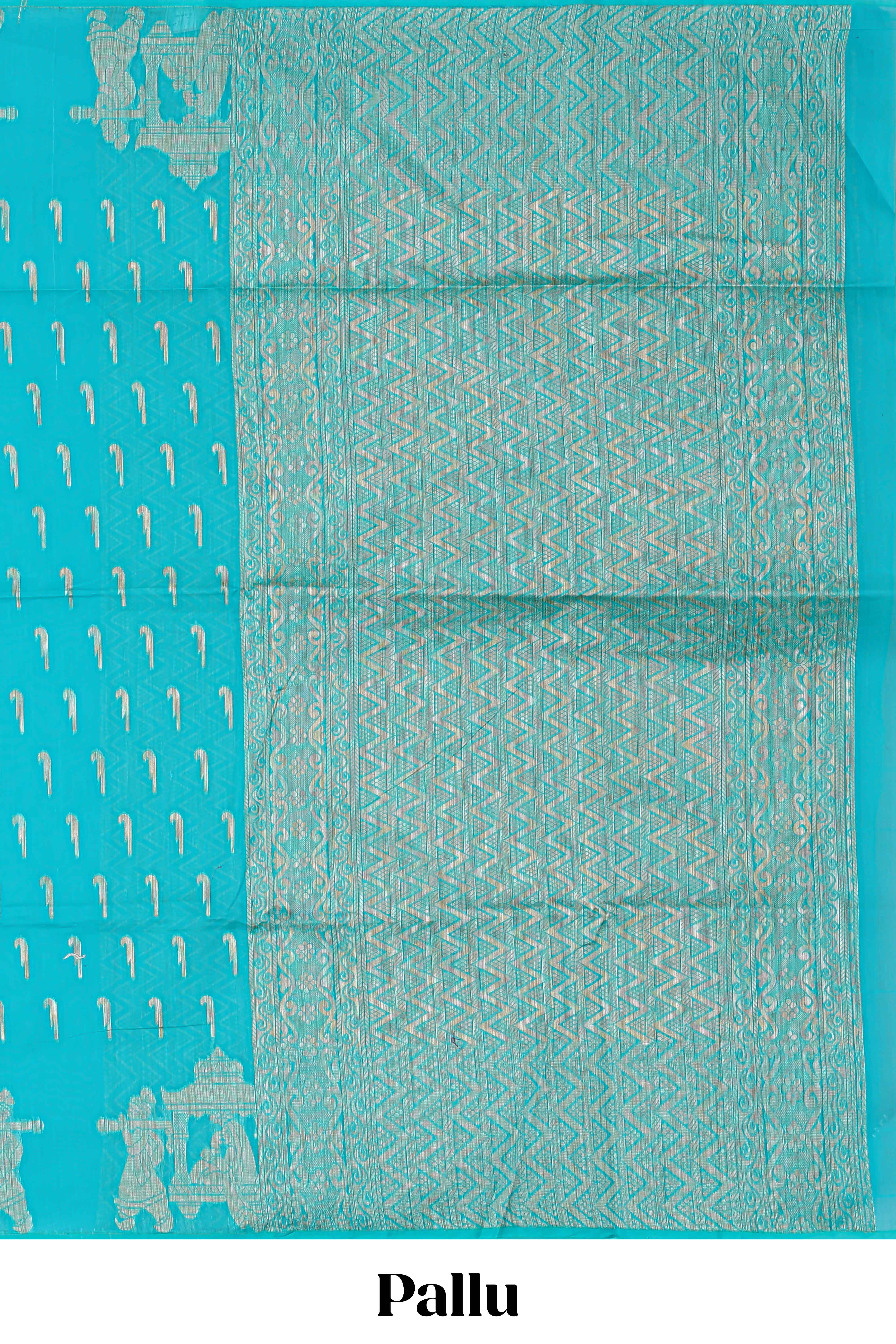 Turquoise blue butta motifs kovai cotton saree with self traditional architectural motifs border and matching blouse