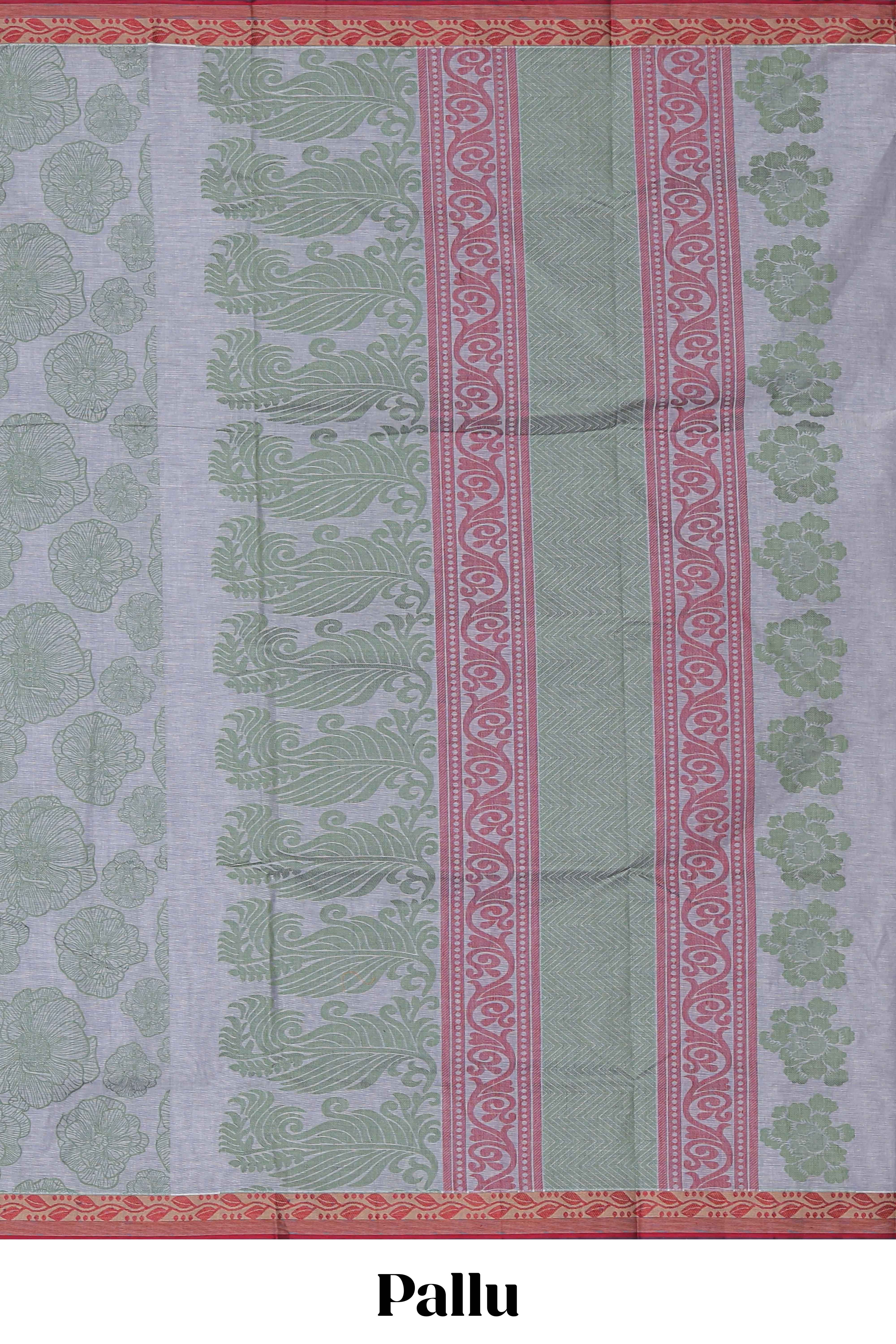 Grey floral design kovai cotton saree with contrast border and matching blouse