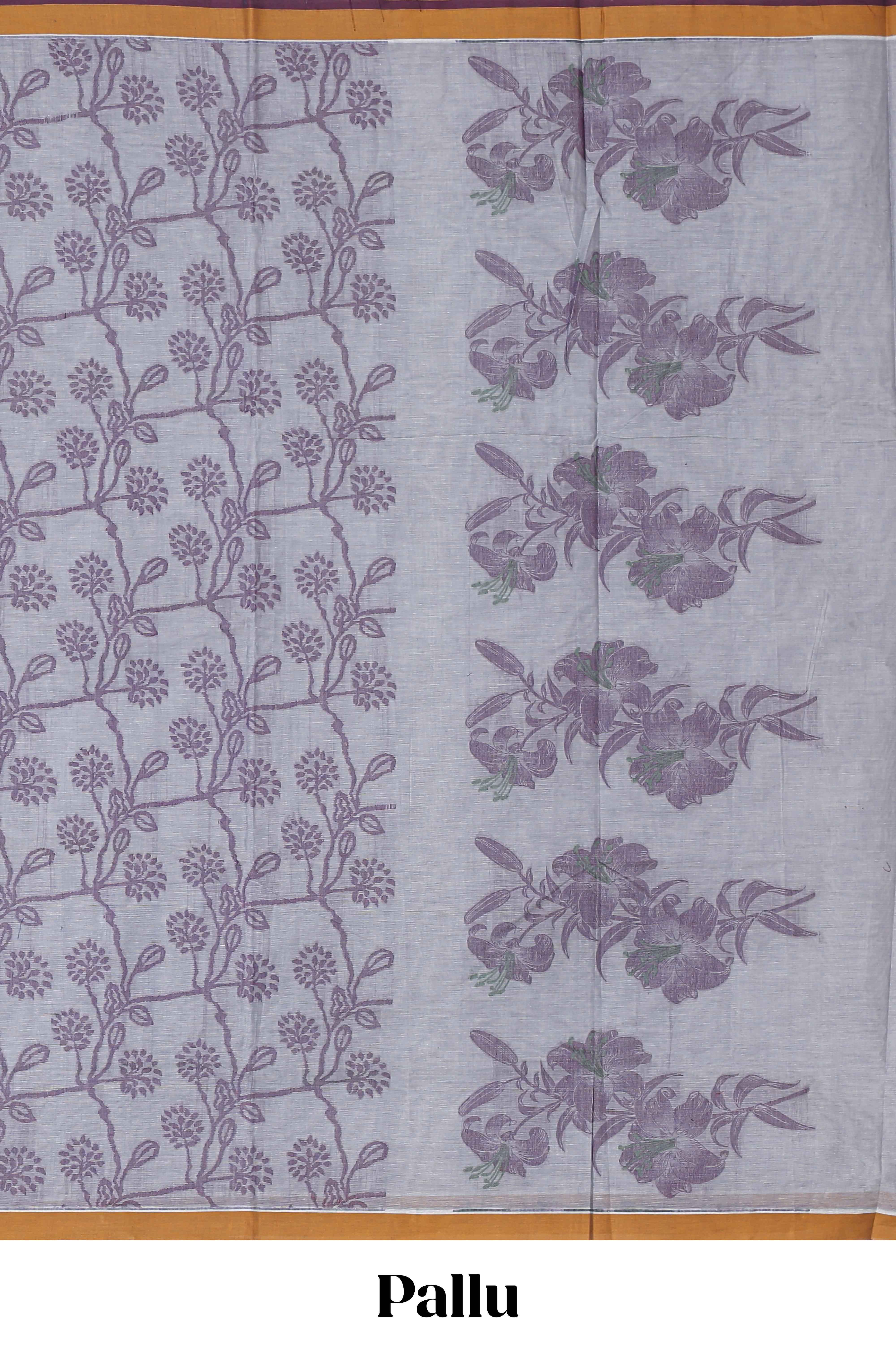 Grey shade floral design kovai cotton saree with contrast border and matching blouse