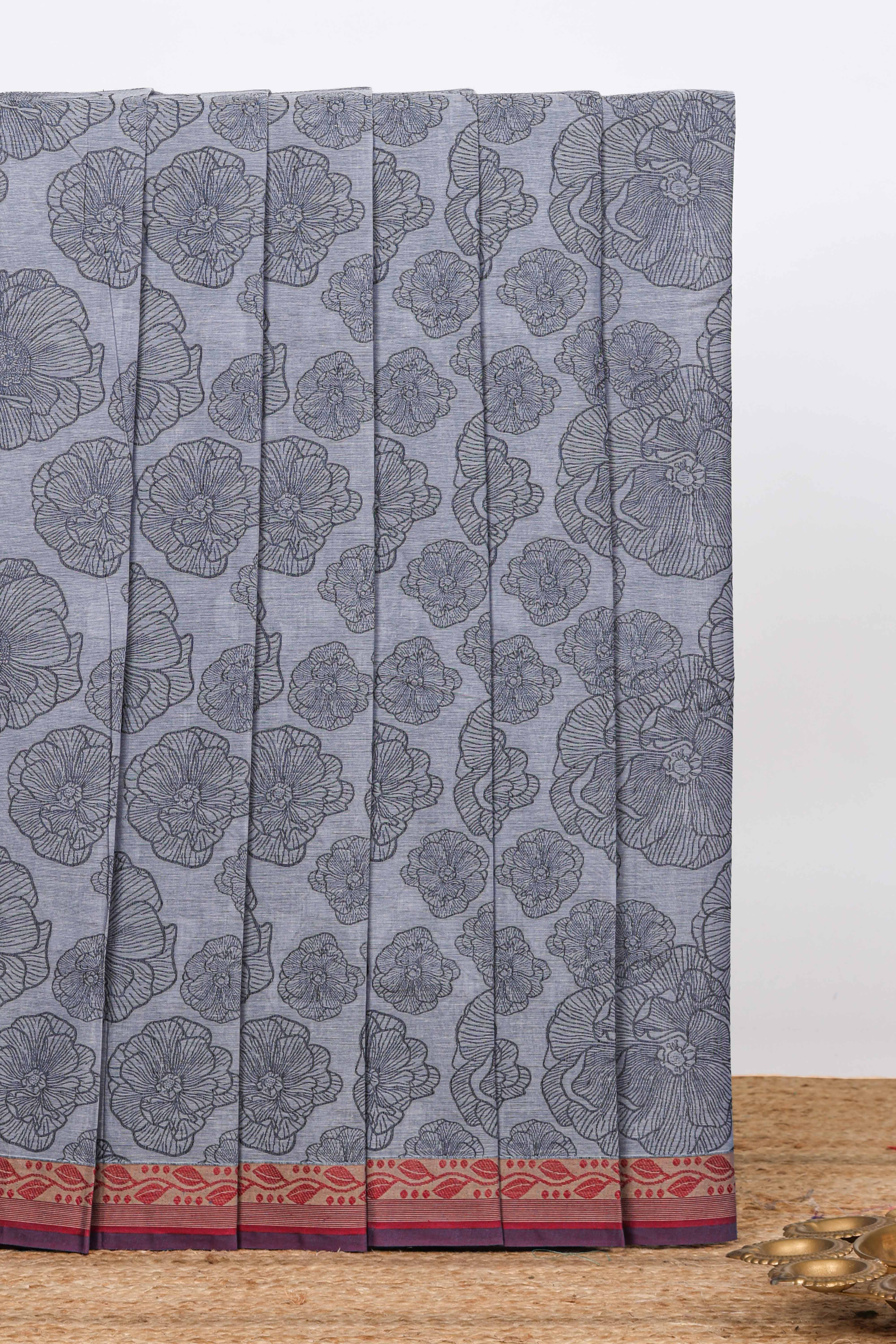 Grey shade floral design kovai cotton saree with contrast border and matching blouse