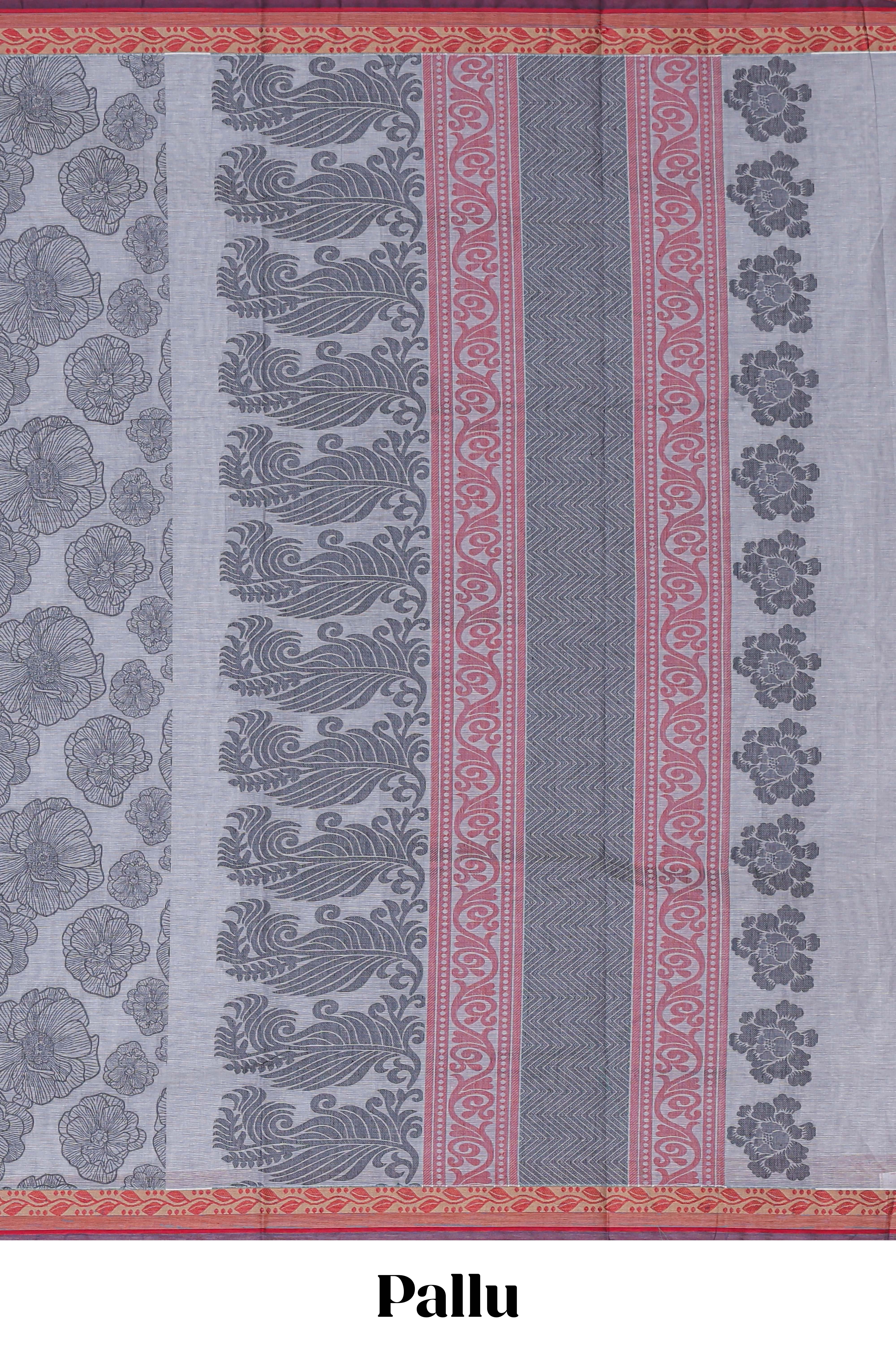Grey shade floral design kovai cotton saree with contrast border and matching blouse