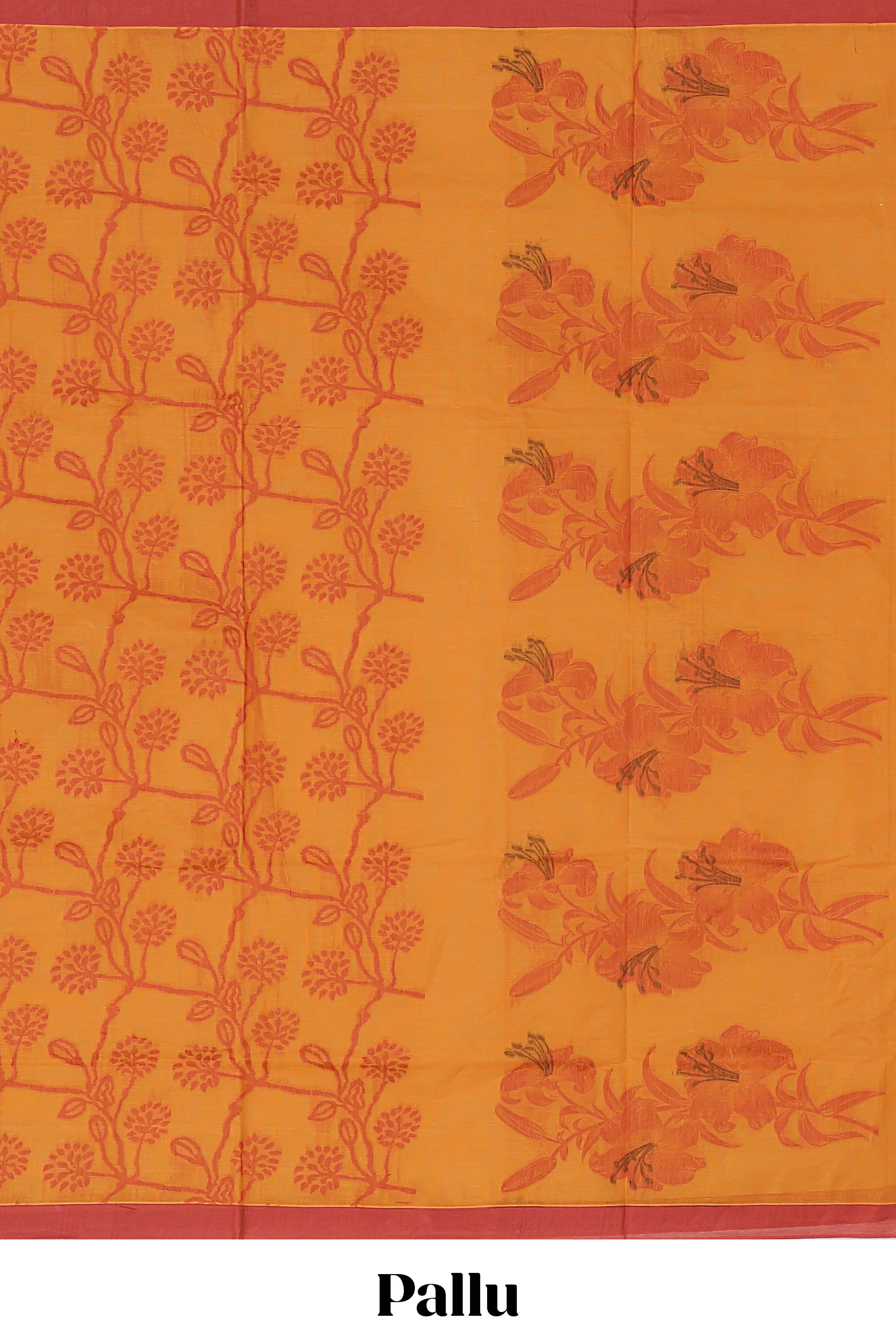Orange color floral designedkovai cotton saree with contrast border and matching blouse