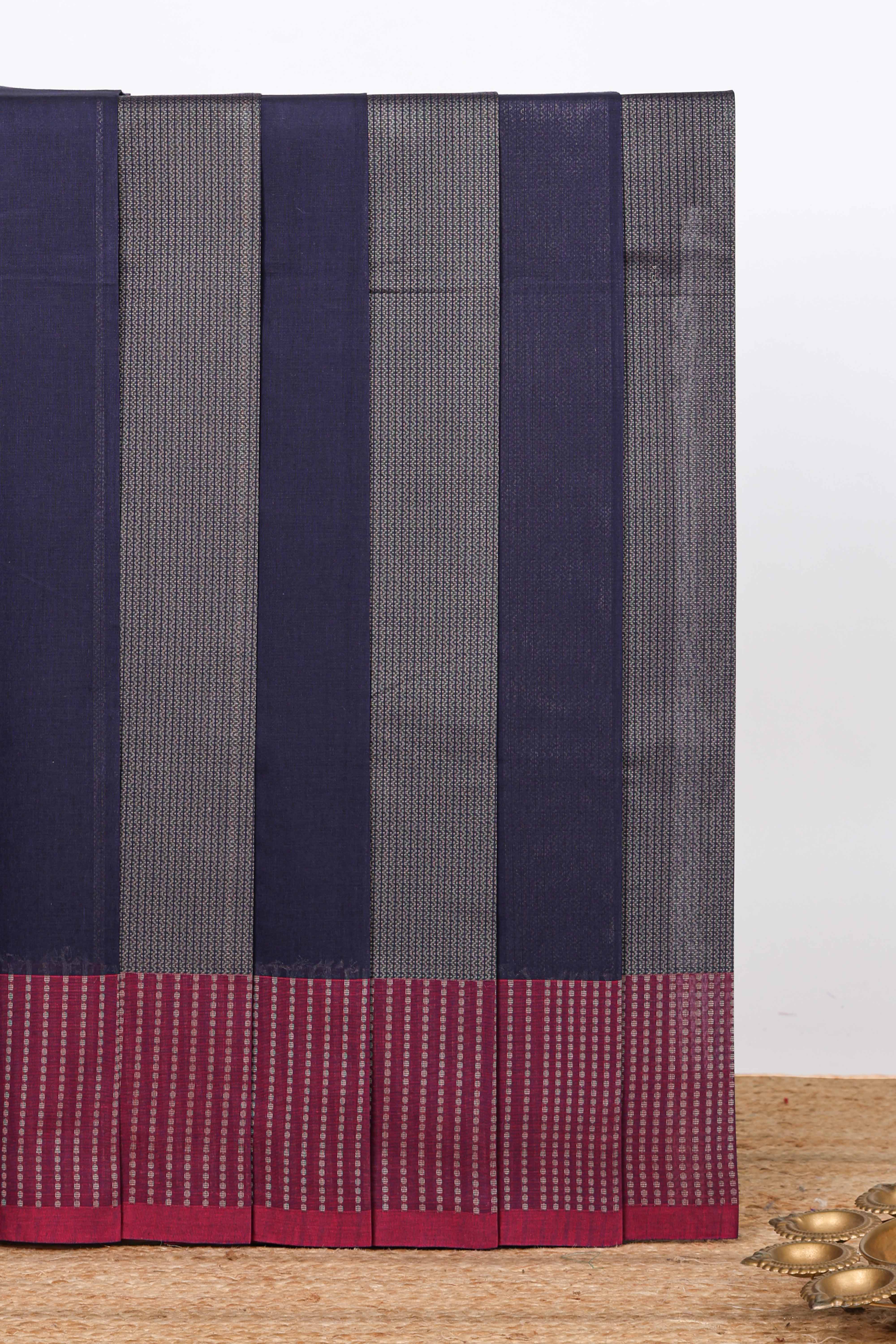 Navy blue geometric striped kovai cotton saree with contrast border and matching blouse