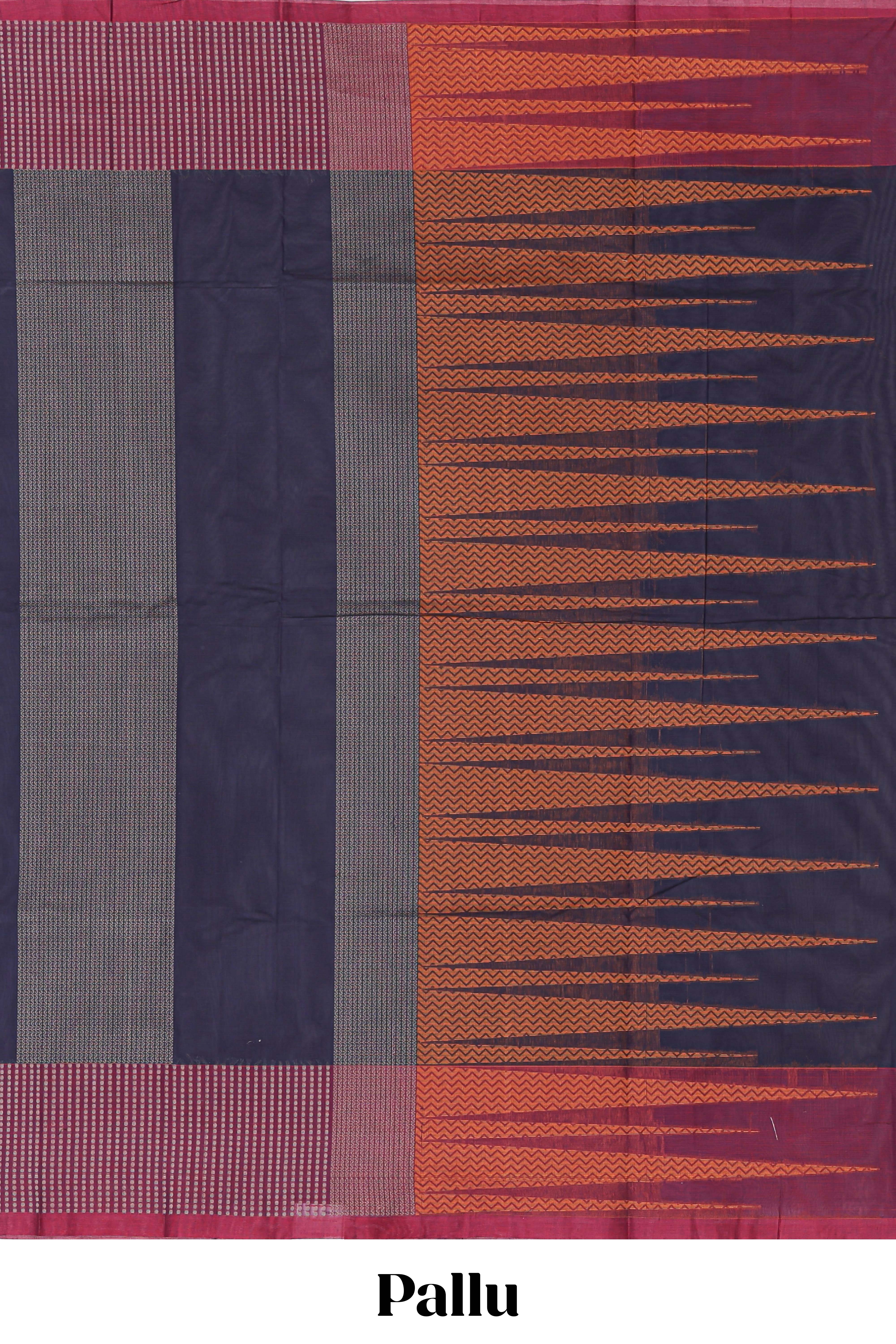 Navy blue geometric striped kovai cotton saree with contrast border and matching blouse