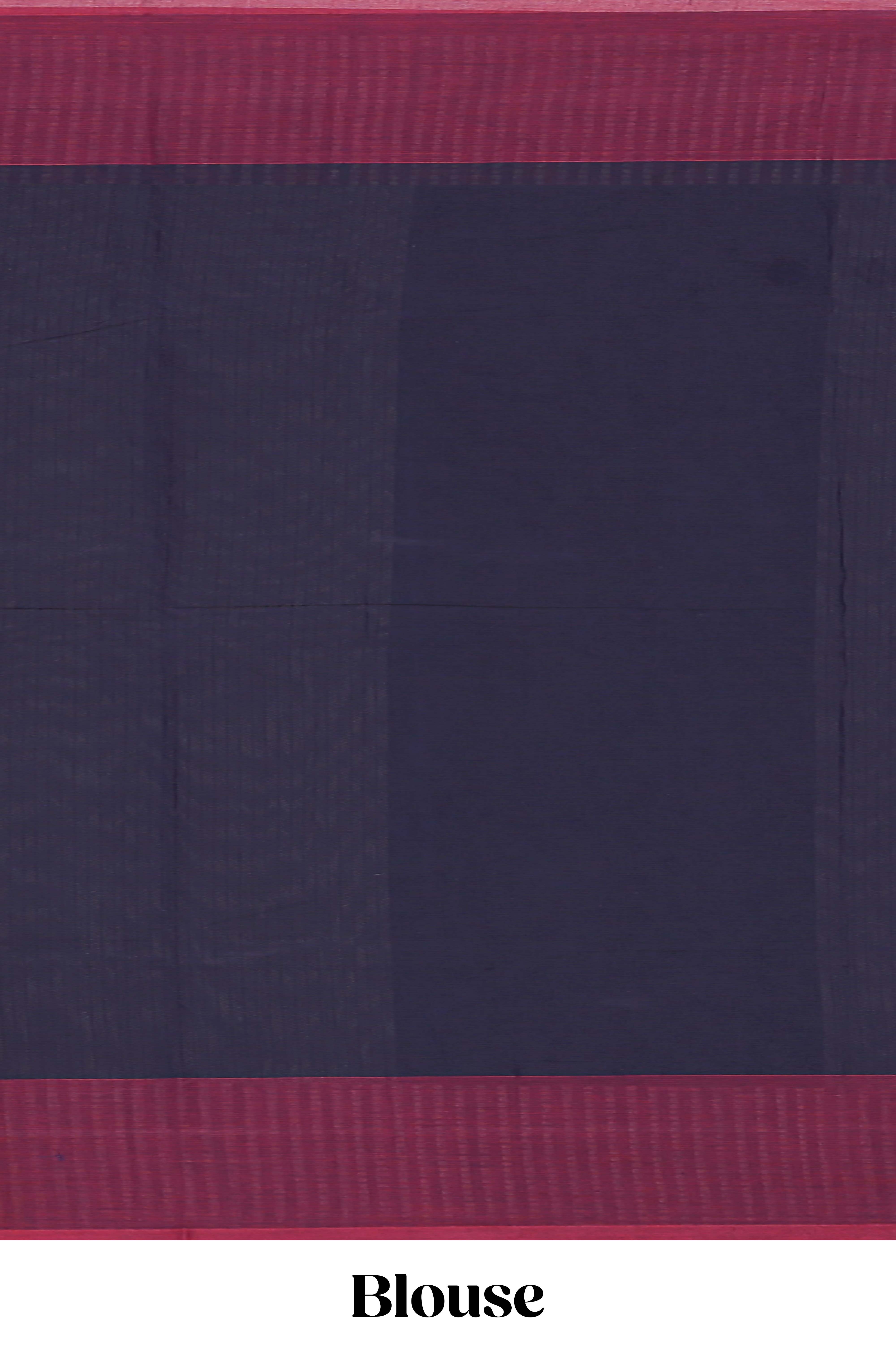 Navy blue geometric striped kovai cotton saree with contrast border and matching blouse