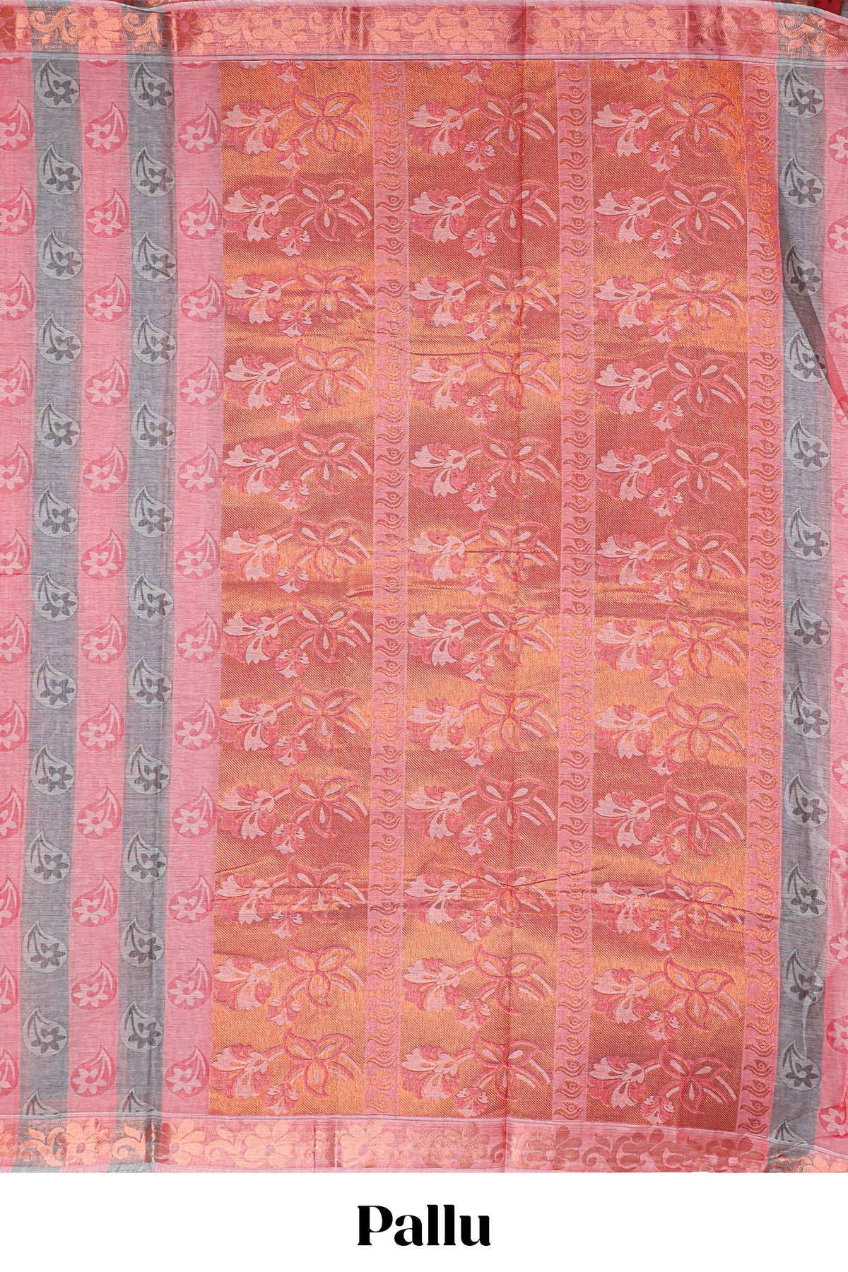 Pink and grey floral designed kovai cotton saree with self zari border and matching blouse