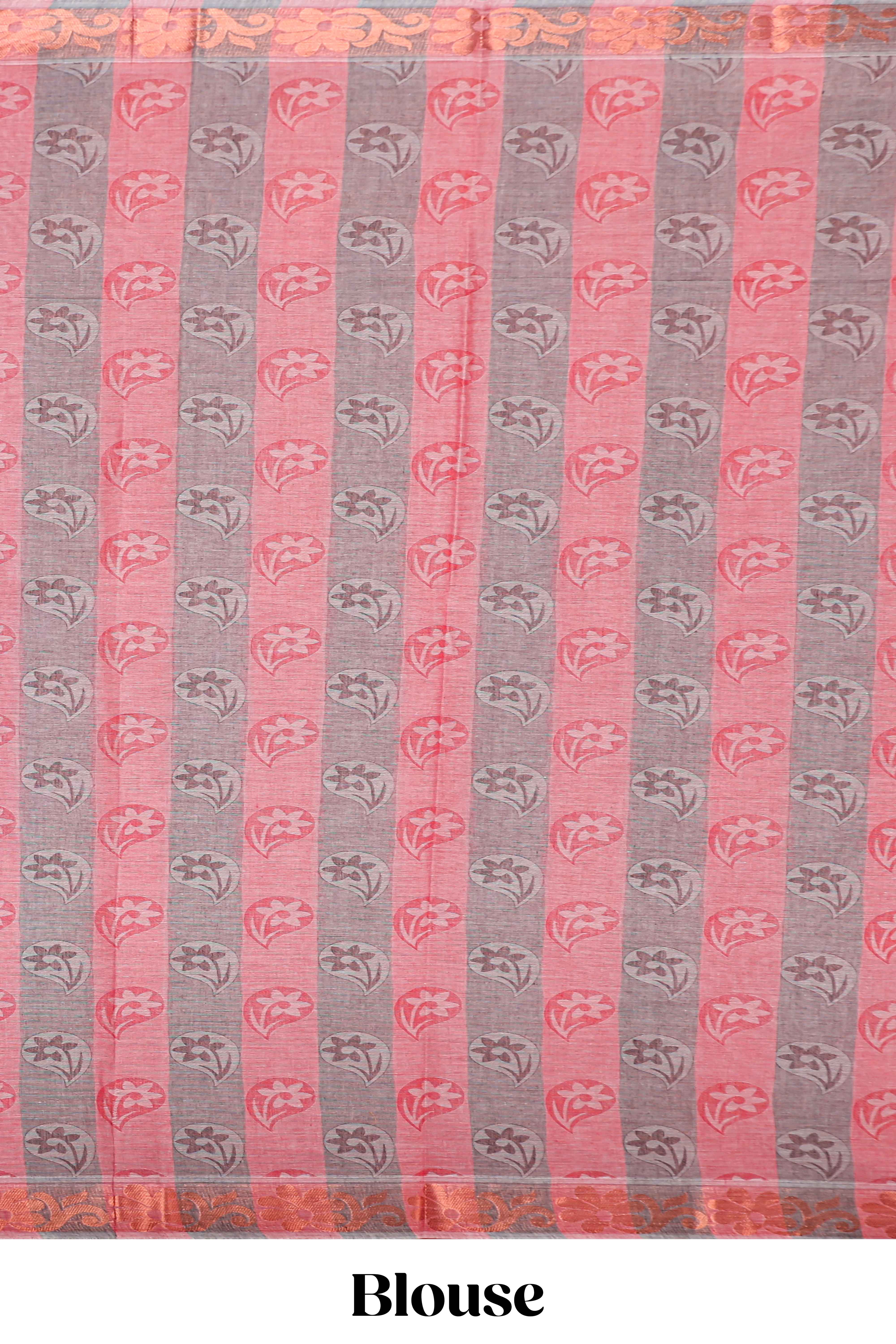 Pink and grey floral designed kovai cotton saree with self zari border and matching blouse