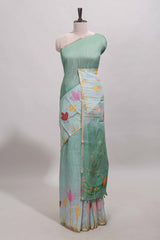 Green floral design linen cotton saree with self zari border and matching blouse
